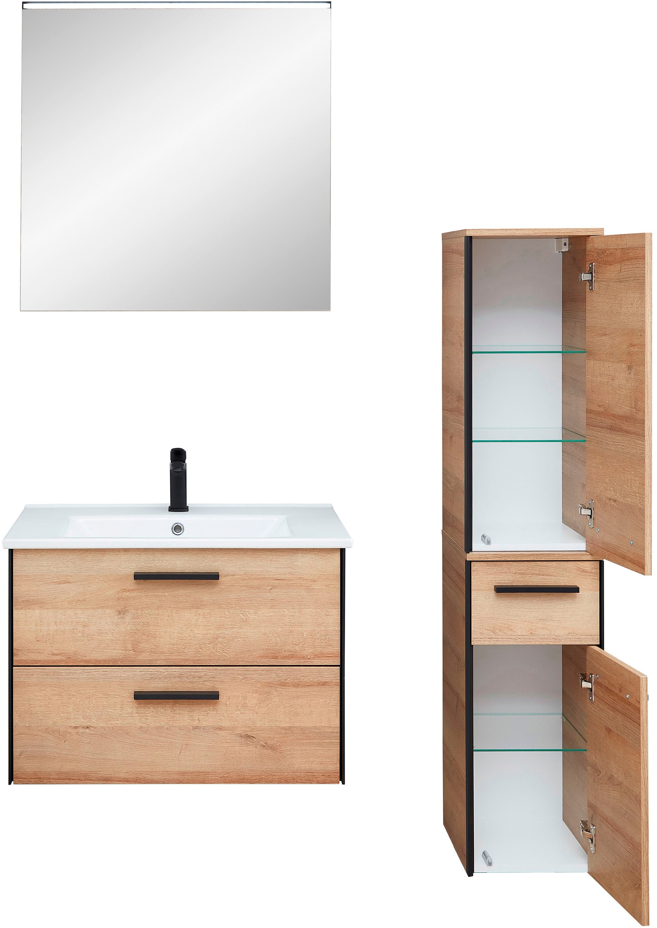 Saphir Badmöbel-Set »Quickset 395 3-teilig, Keramikwaschtisch mit LED-Spiegel«, (5 St.), Midischrank, inkl. Türdämpfer, 2 Türen, 3 Schubladen, Bad-Set