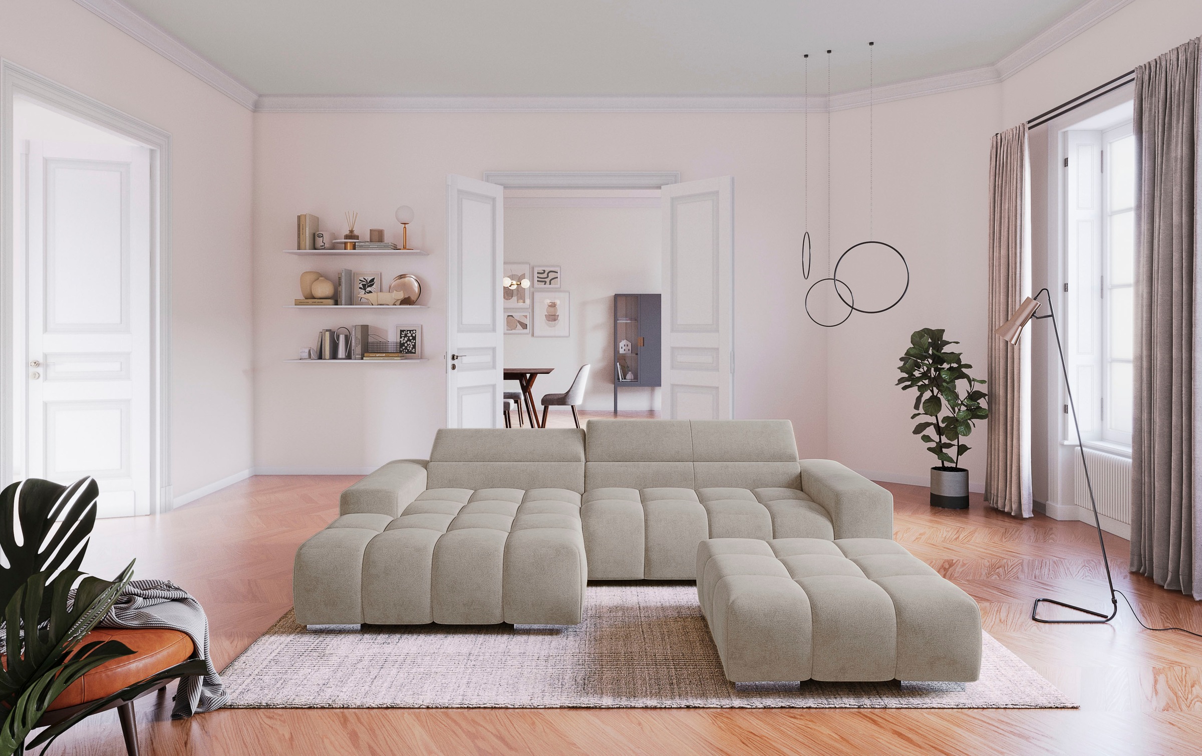 COTTA Ecksofa "Orion L-Form, B: 307 cm, moderne Steppung, bequeme Wellenunterfederung" 2x Kopfteilverstellung & 3 Nierenkissen