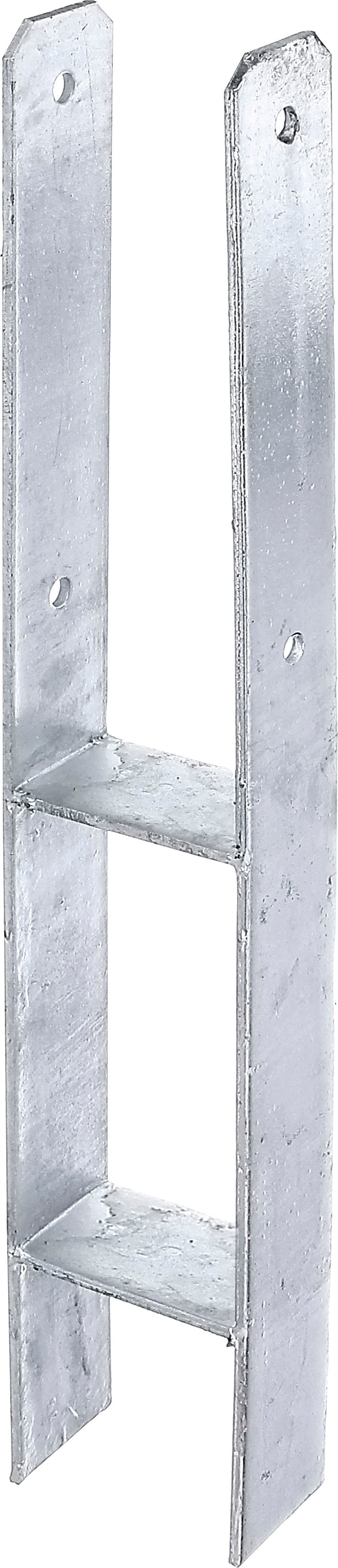 ALBERTS H-Pfostenanker, B/H/T: 9,1cm x 30cm x 6cm, grau, Bodenanker, feuerverzinkt, lichte Breite 91 mm, Gesamthöhe 600 mm
