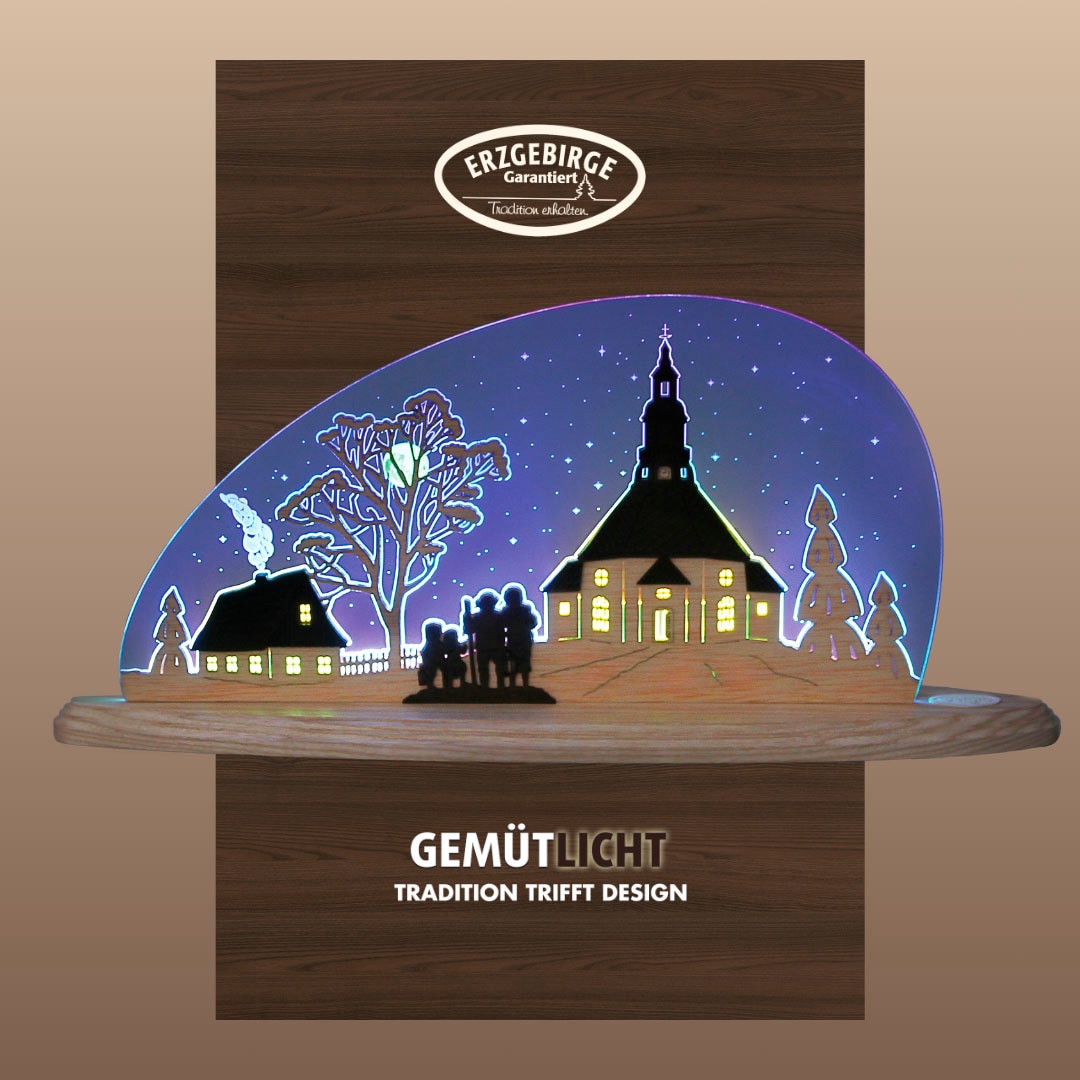 Weigla Lichterbogen "LED Seiffener Kirche, moderne Dekolampe aus Holz & Acrylglas", Erzgebirge garantiert, Weihnachtsdek