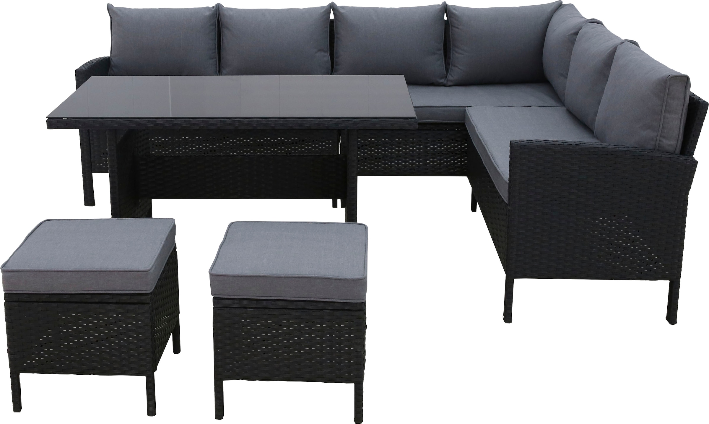 KONIFERA Gartenlounge-Set »»Manhattan««, (Set, 18 tlg., Ecklounge, Tisch 66x120x74 cm, 2 Hocker, inkl. Auflagen), Stahl/Polyrattan