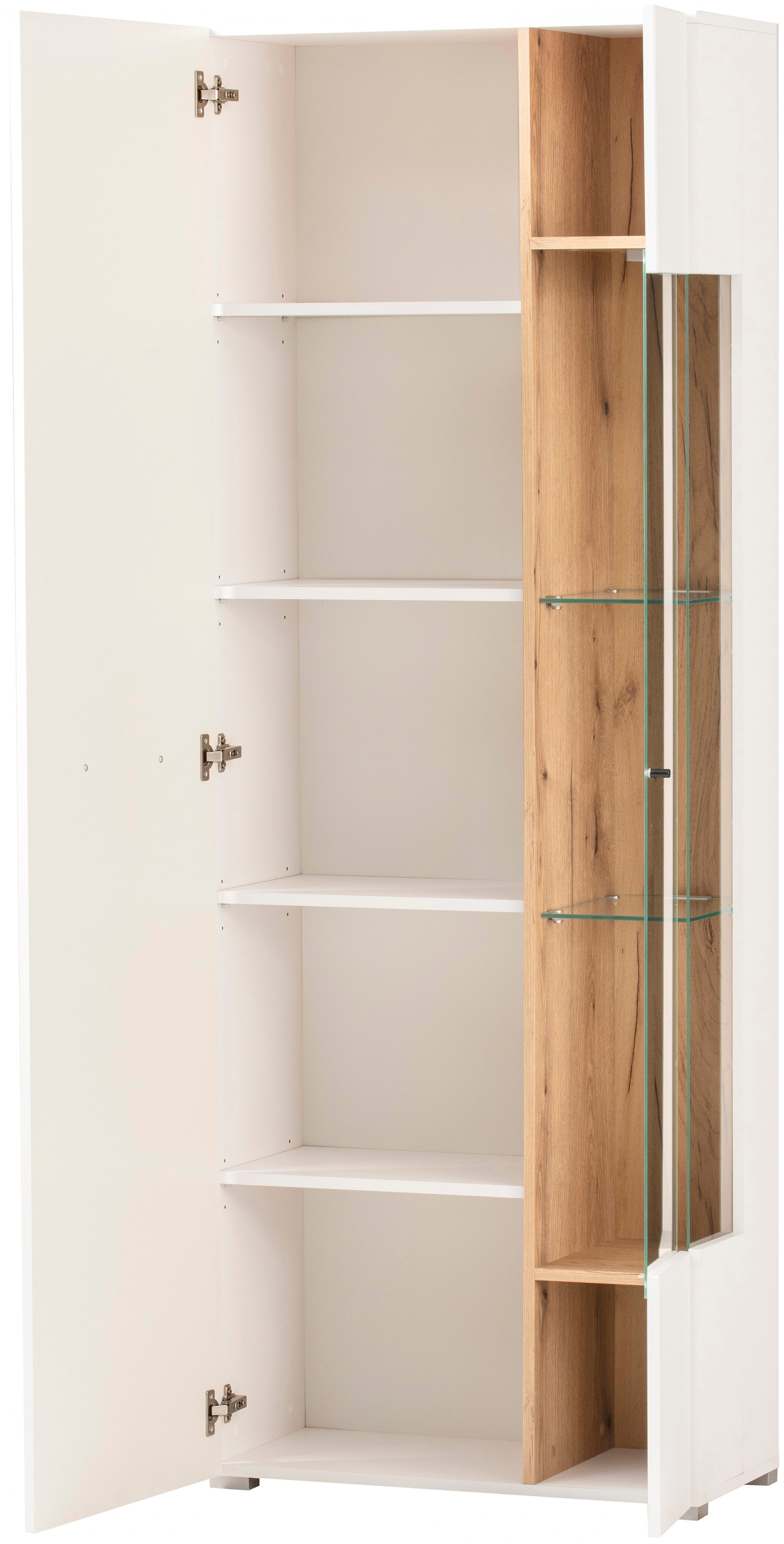 INOSIGN Wohnwand »Salerno, moderne Anbauwand, Wohnzimmer-Set, Weiß mit Eiche Evoke Dekor«, (Set, 4 St.), enthält Hängevitrine, Vitrine, Lowboard + Wandboard, Metallgriffe