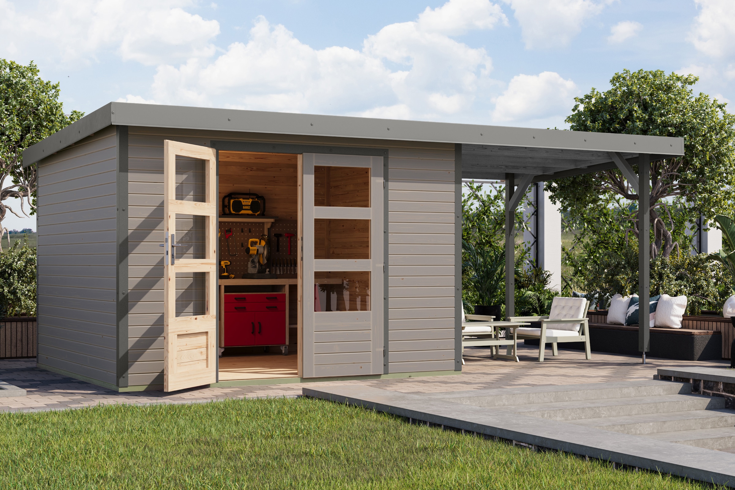 Karibu Gartenhaus "Jupiterino 5 SET, in verschiedenen Farben" inkl. Anbaudach