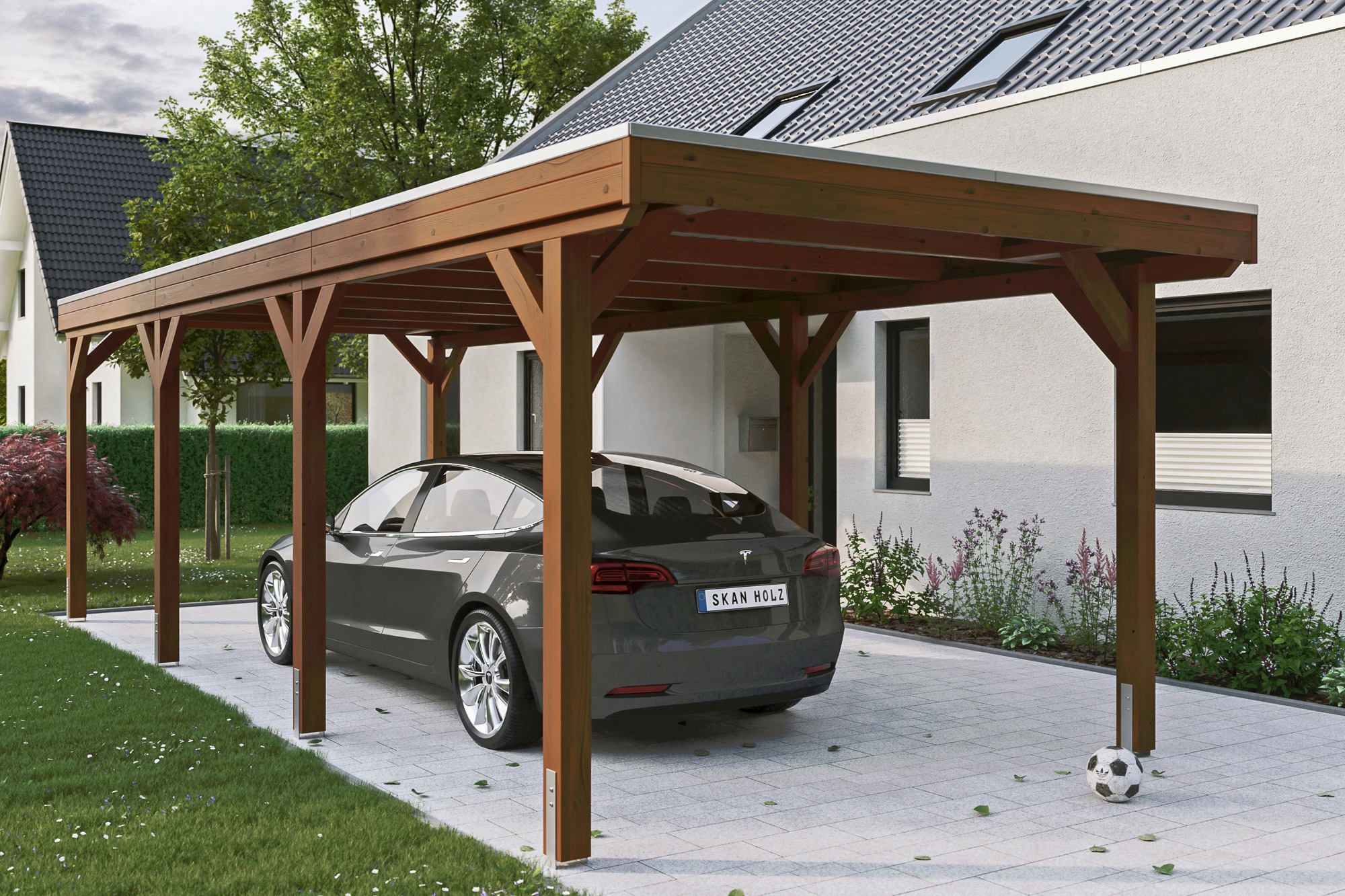 Skanholz Einzelcarport "Grunewald", Leimholz-Nordisches Fichtenholz, braun, mit Aluminiumdach