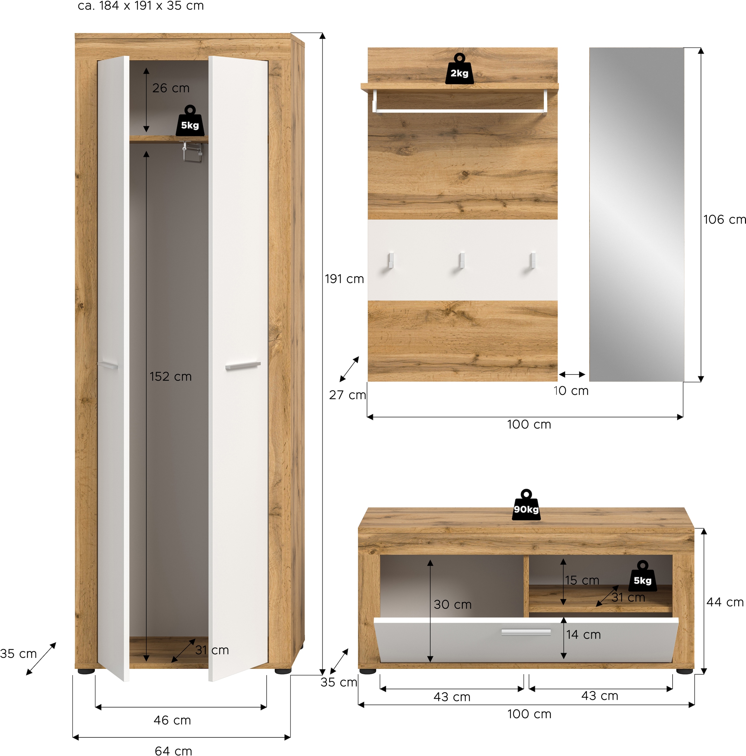 INOSIGN Garderoben-Set, (Set, 4 St.), Aosta, Höhe 191 cm, 4-tlg. Garderobenset, Flur, Diele