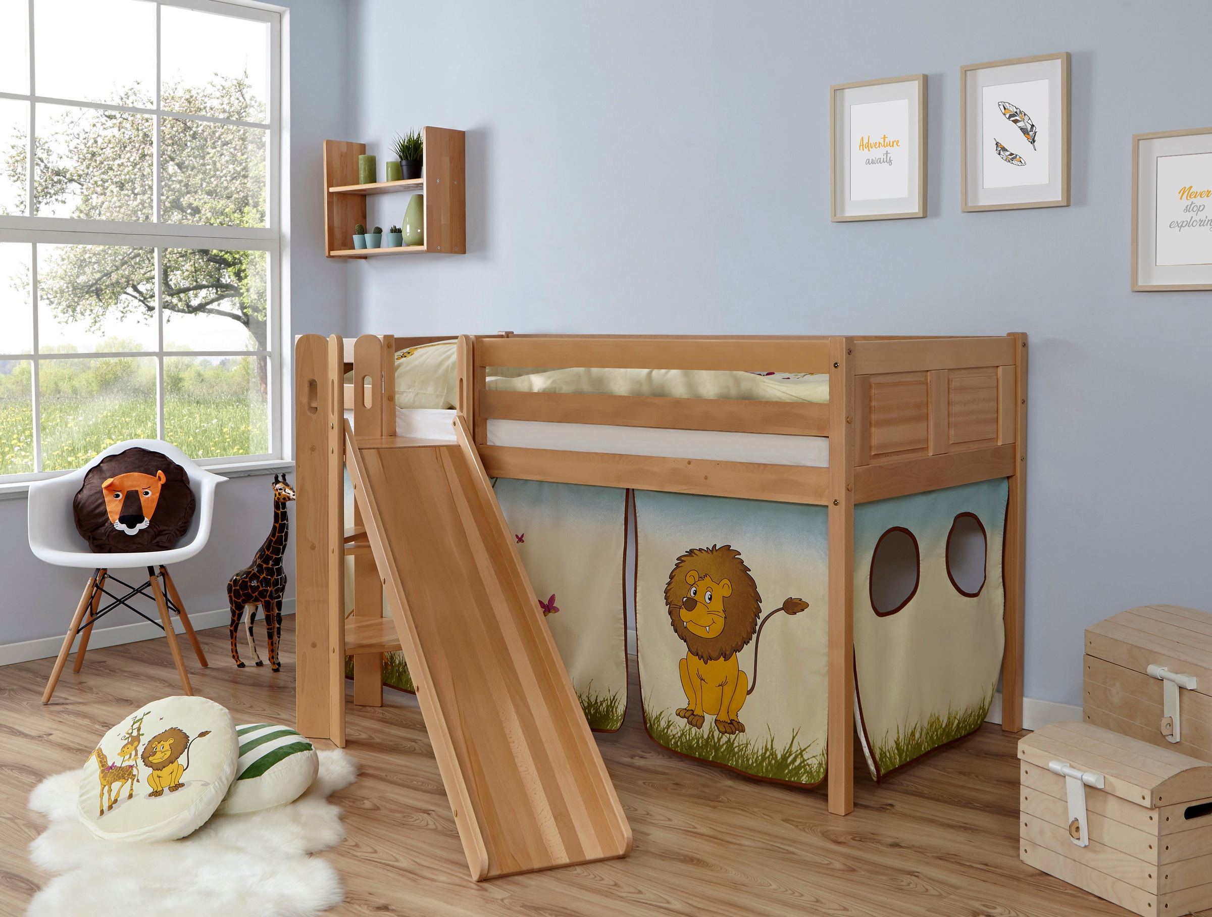 Ticaa Hochbett »Ekki«, mit Rollrost und Textil-Set wahlweise mit Matratze, Buche