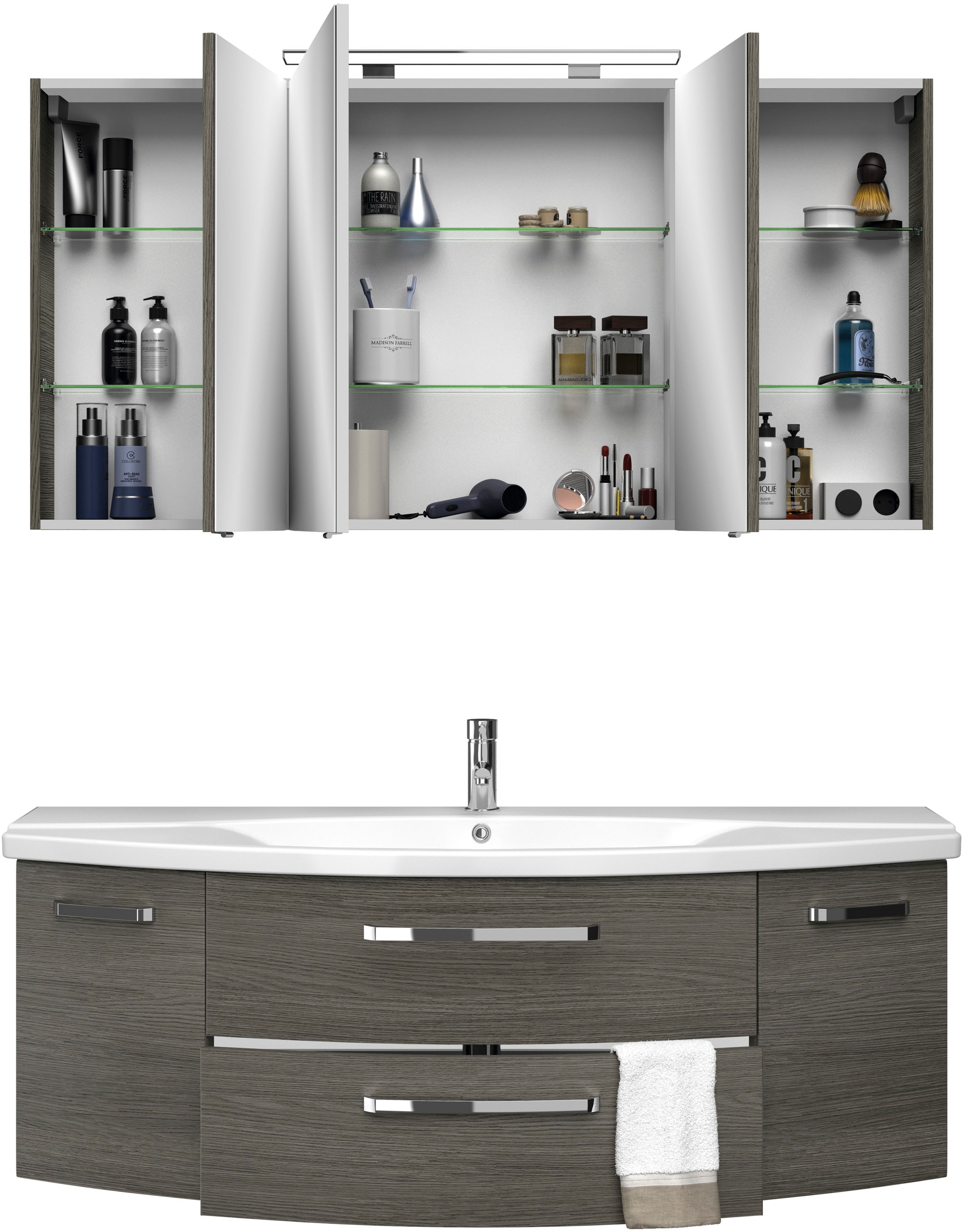Saphir Badmöbel-Set »Serie 4010 2-teilig Keramik-Waschtisch mit LED-Spiegelschrank«, (Set), Badezimmer Set 144 cm breit, inkl. Türdämpfer, 5 Türen, 2 Schubladen