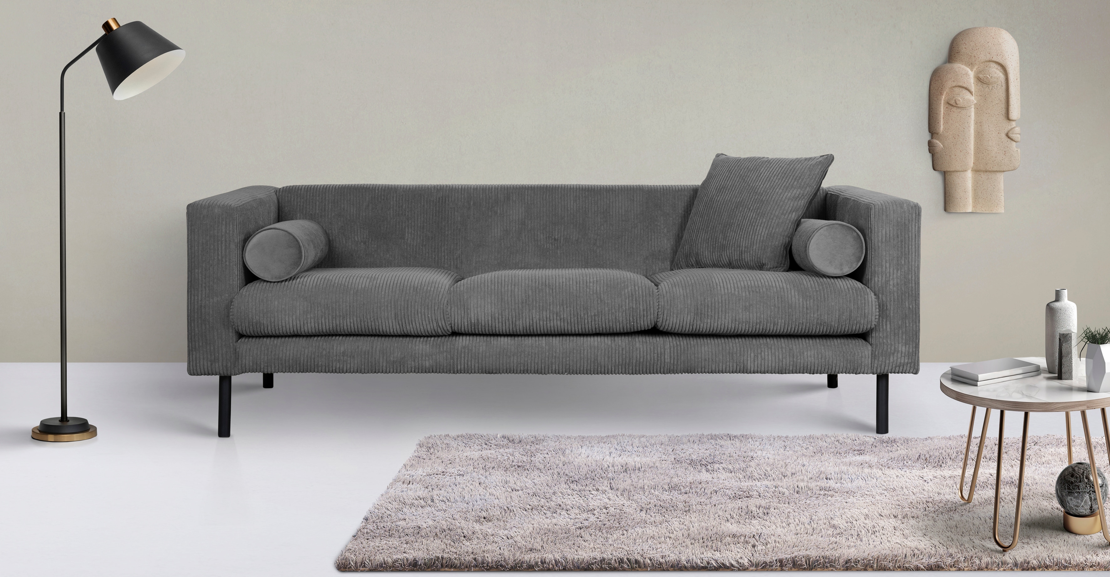 Home affaire 3-Sitzer "Lillibeth Designsofa mit Wellenunterfederung, Maße B/T/H: 218/74/83 cm" Zierkissen als Wendekissen, Bezug Samtoptik oder Cord