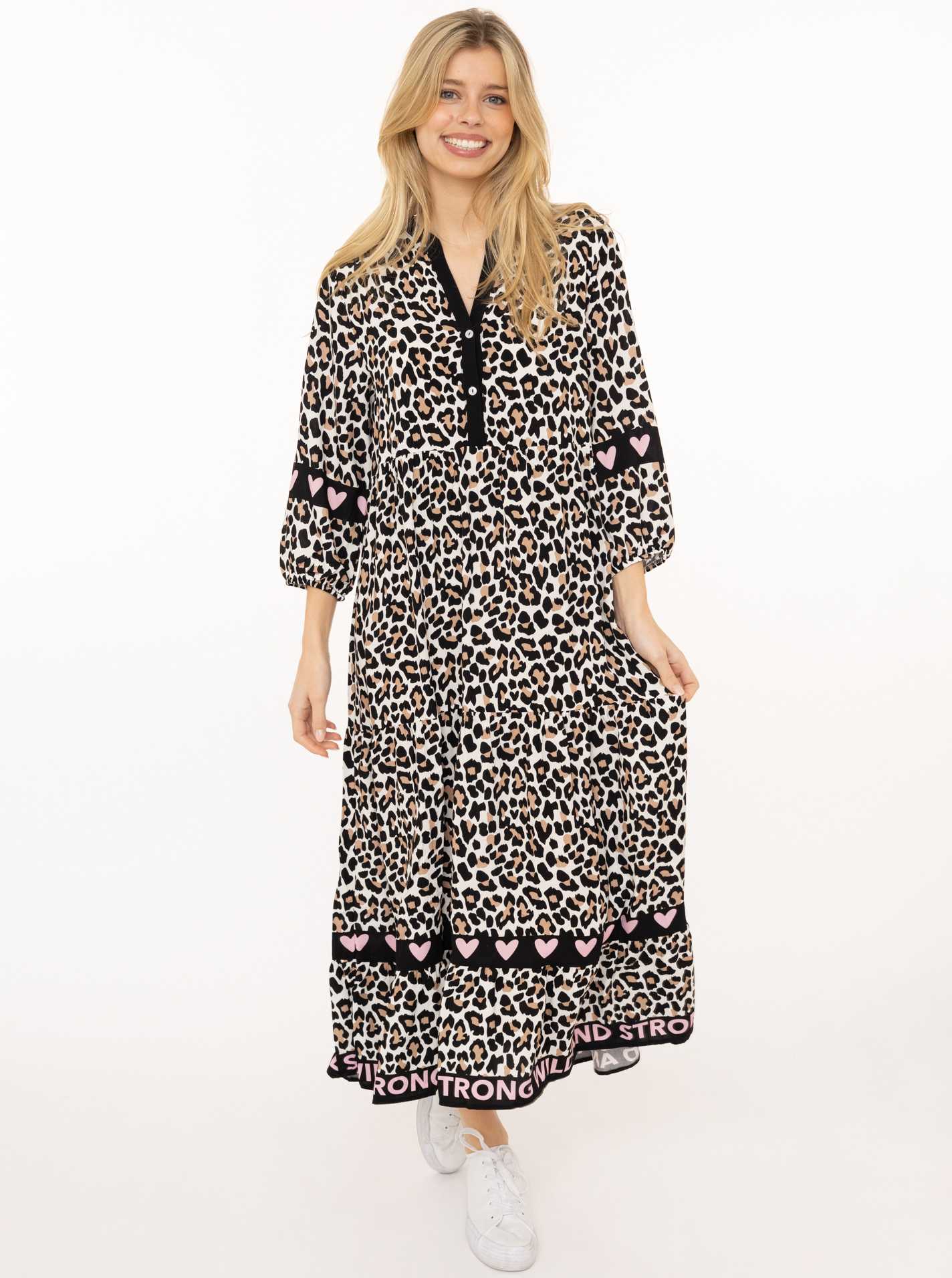 Zwillingsherz Maxikleid ""Classic Leo"" Ohne Taschen Leomuster, Knopfleiste und 3/4 Arm