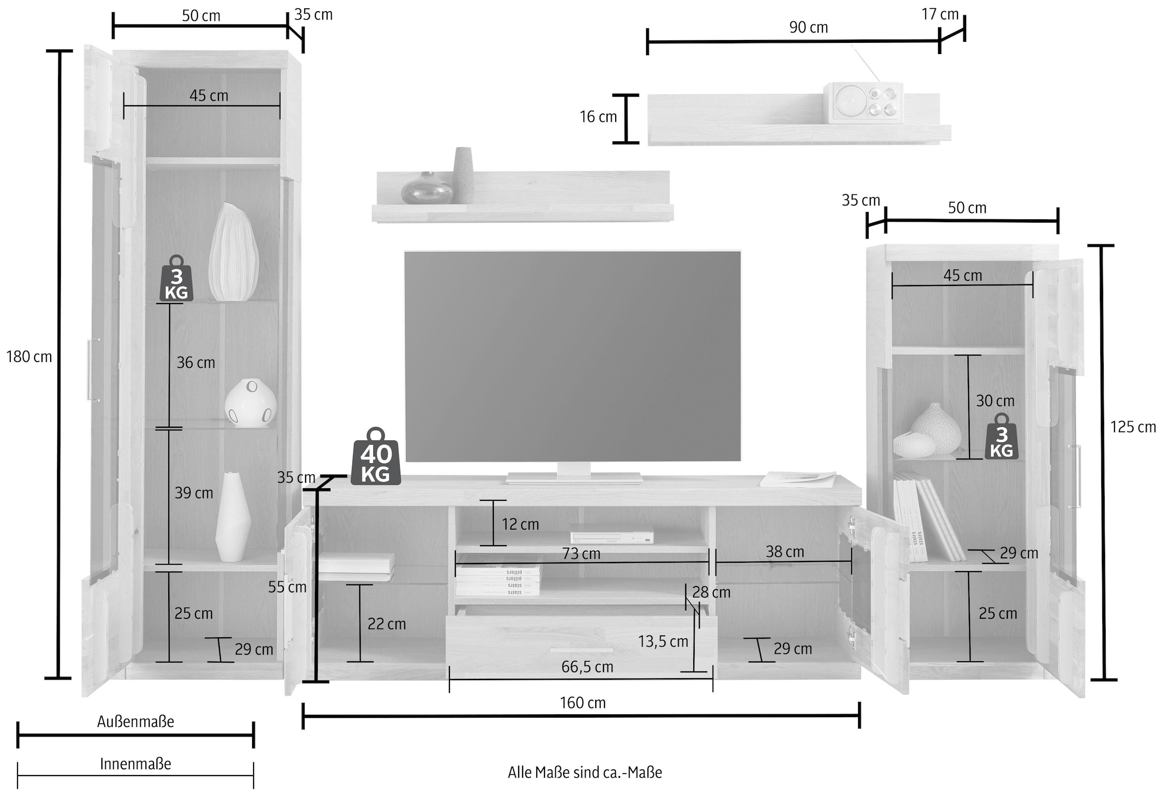 Home affaire Wohnwand »Ribe Wohnwand Set-5 St.« Set, 5 Stk. tlg. Glaseinsatz aus gehärtetem Glas,Böden teilweise versetzbar