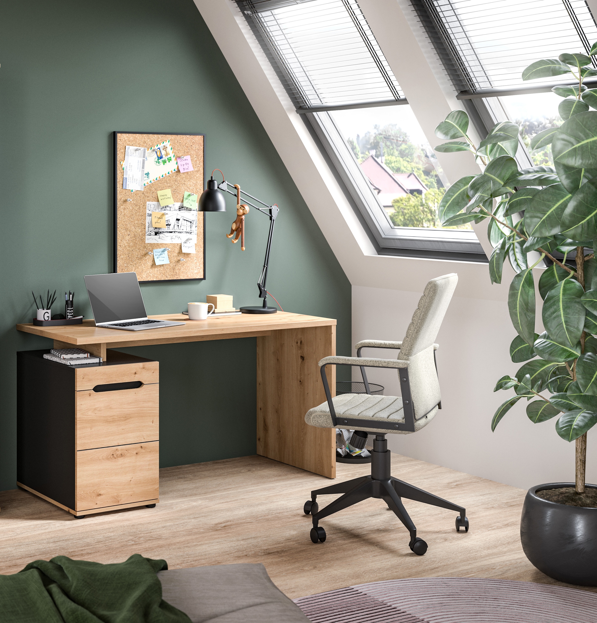 Home affaire Schreibtisch »REHAT, Bürotisch, Computertisch, Laptoptisch« bietet viel Stauraum für sämtliches Büromaterial,  grifflose Fronten, 1 Tür mit verstellbarem Einlegeboden, Breite: 138cm