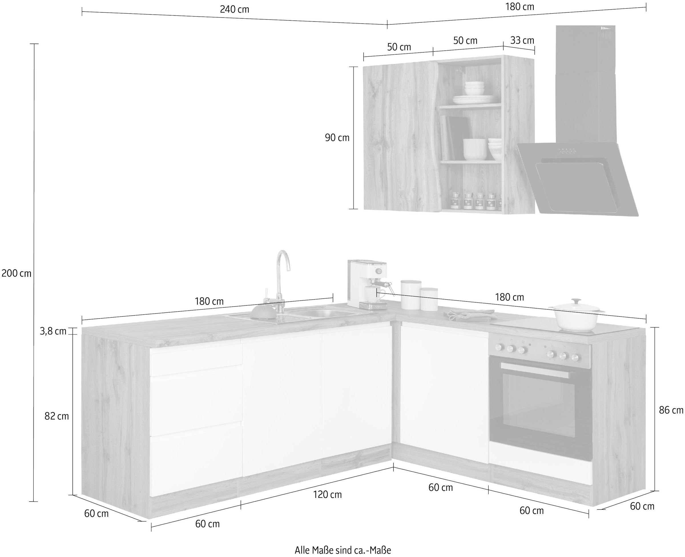 KOCHSTATION Winkelküche »KS-Bruneck«, Stellbreite 240/180 cm breit, wahlweise mit oder ohne E-Geräte, MDF