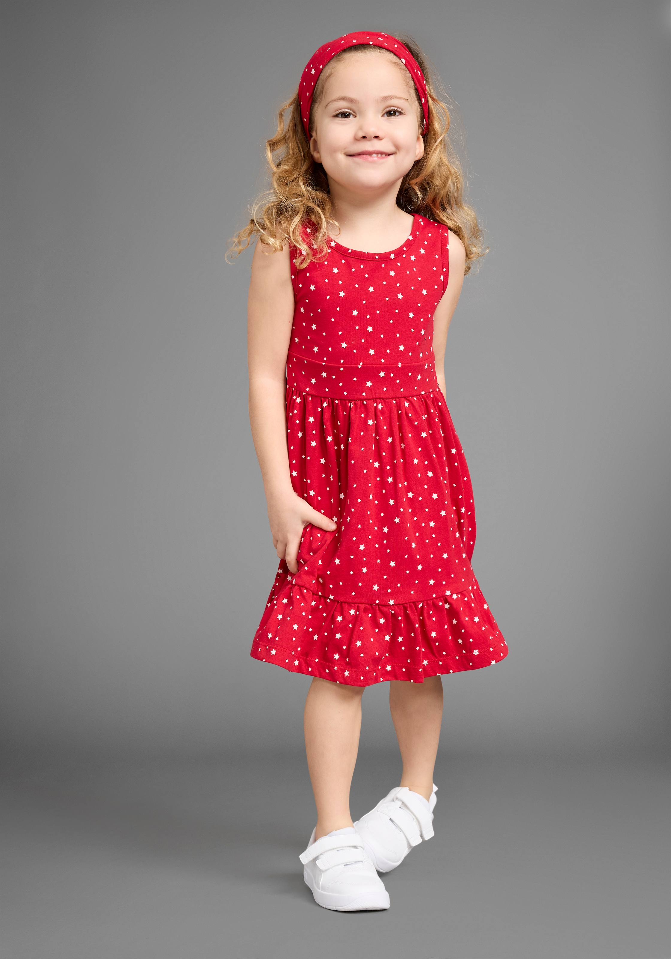 KIDSWORLD Jerseykleid "2tlg. Shirtkleid + Haarband im niedlichen Sternen-Allover" Set, 2, 2 Stk. tlg. festliche Anlässe, knielang, verspielter Stil, aus Baumwolle