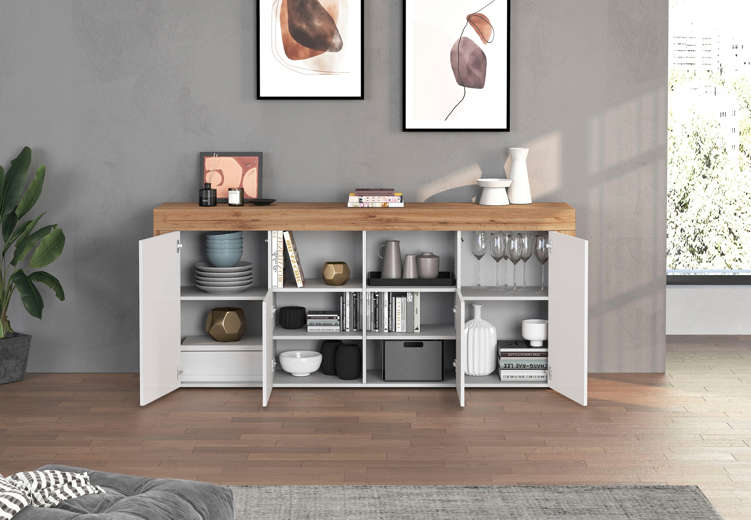 INOSIGN Sideboard »CHRONOS Breite 200 cm mit 4 Türen, 2 offene und 8 geschlossene Fächer«, (1 St.), Sideboard,Kommode, Schrank, Grifflos mit Push to Open, Made in Italy