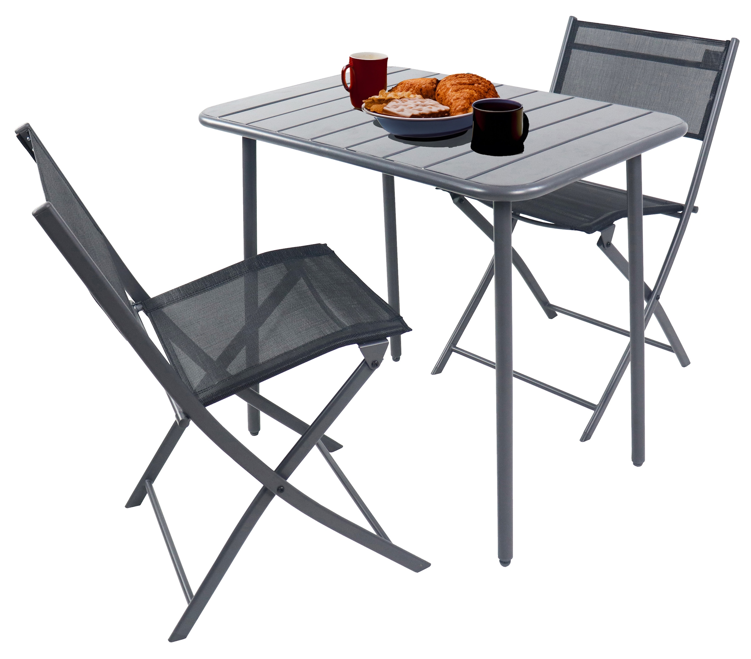 Garten-Essgruppe VCM "3 tlg. Bistroset Balkonset Gartenset Metall Sumila", schwarz, B:80cm T:55cm, Obermaterial: 80% Textilmaterial TEXMAT. 20% Metall MT., Sitzmöbel-Sets
