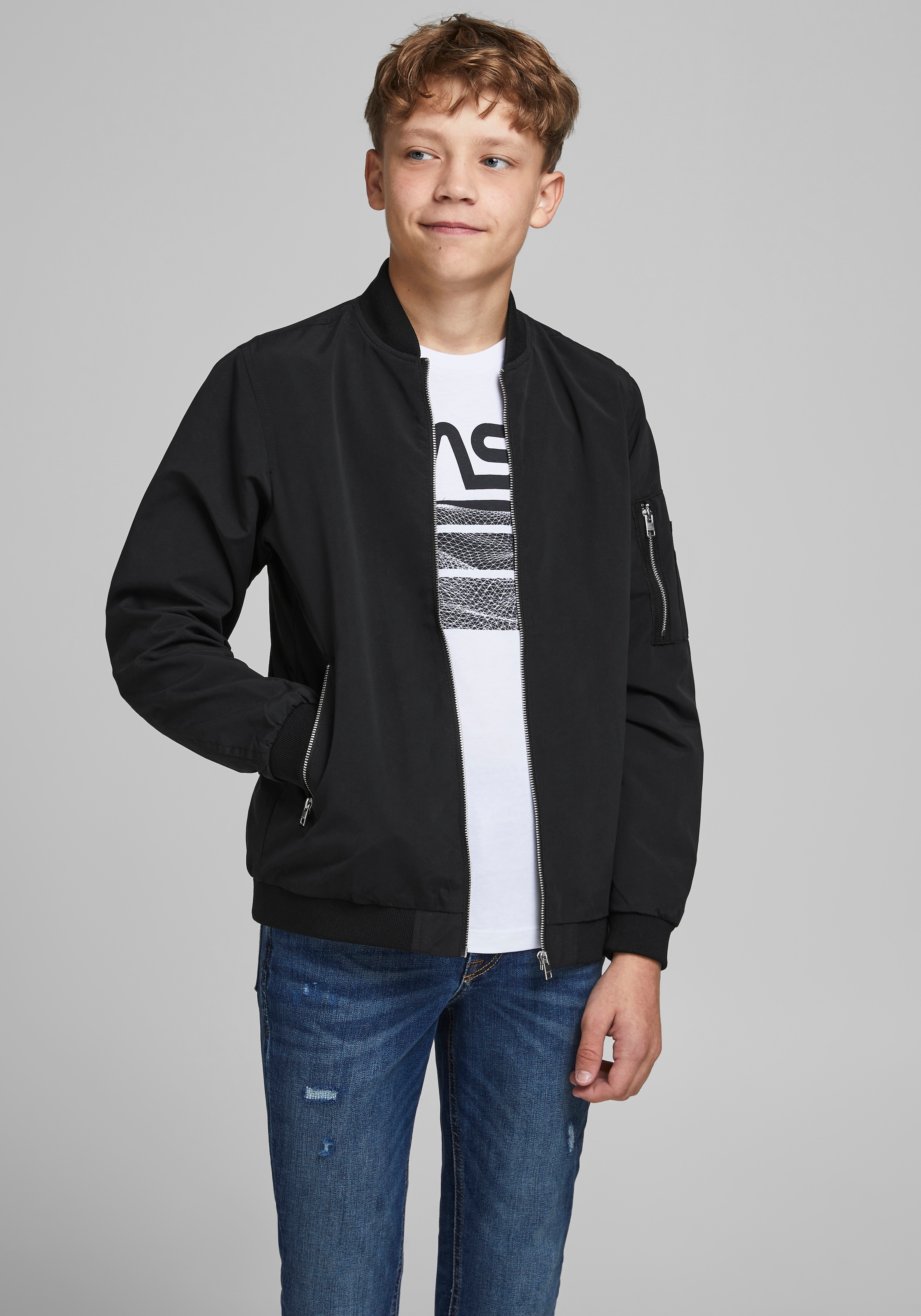 Jack & Jones Junior Bomberjacke "JJERUSH windabweisend und pflegeleicht" ohne Kapuze unifarben, modisch, regular fit, Web, Stehkragen