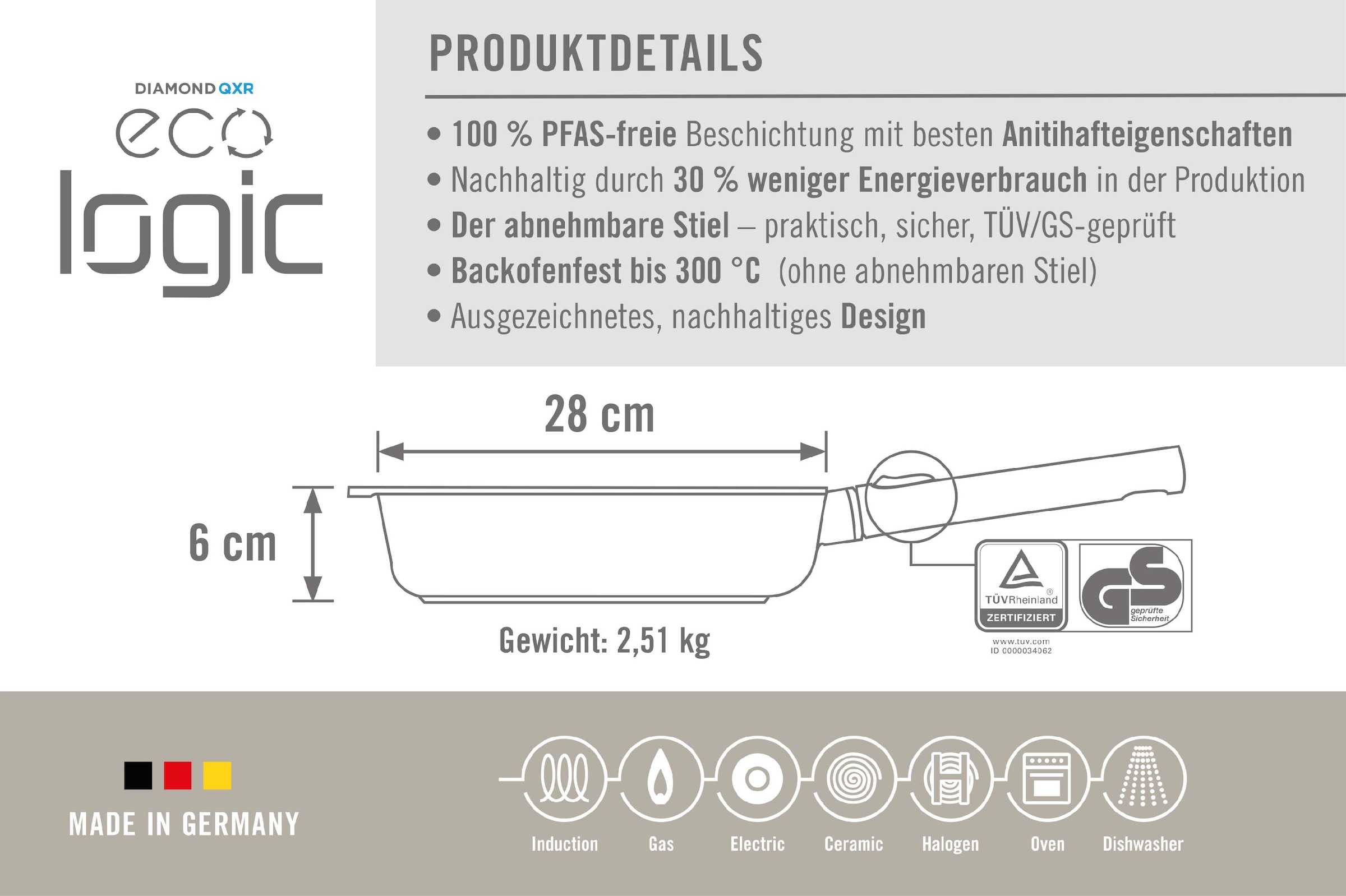 WOLL Bratpfanne »Eco Logic QXR Guss-Pfanne viereckig«, Aluminiumguss, (1 tlg.), PFAS-freie Diamond-QXR - Beschichtung