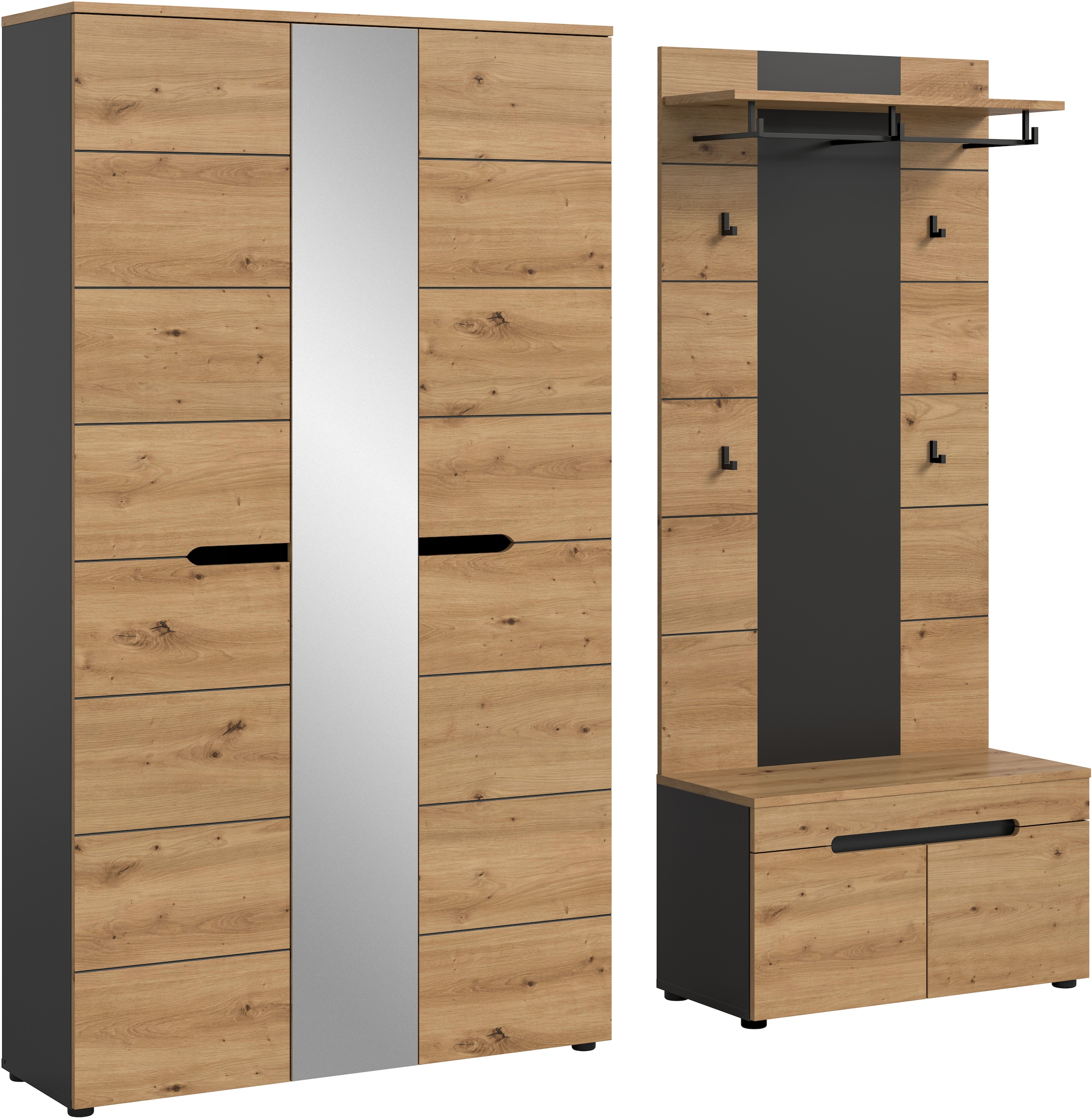 Home affaire Garderoben-Set »REHAT, TOPSELLER!, 3-teilig, Breite 200 cm, individuell stellbar« Set, best. aus: Garderobenschrank, Sitzbank & Garderobenpaneel, 3 Stk. tlg.
