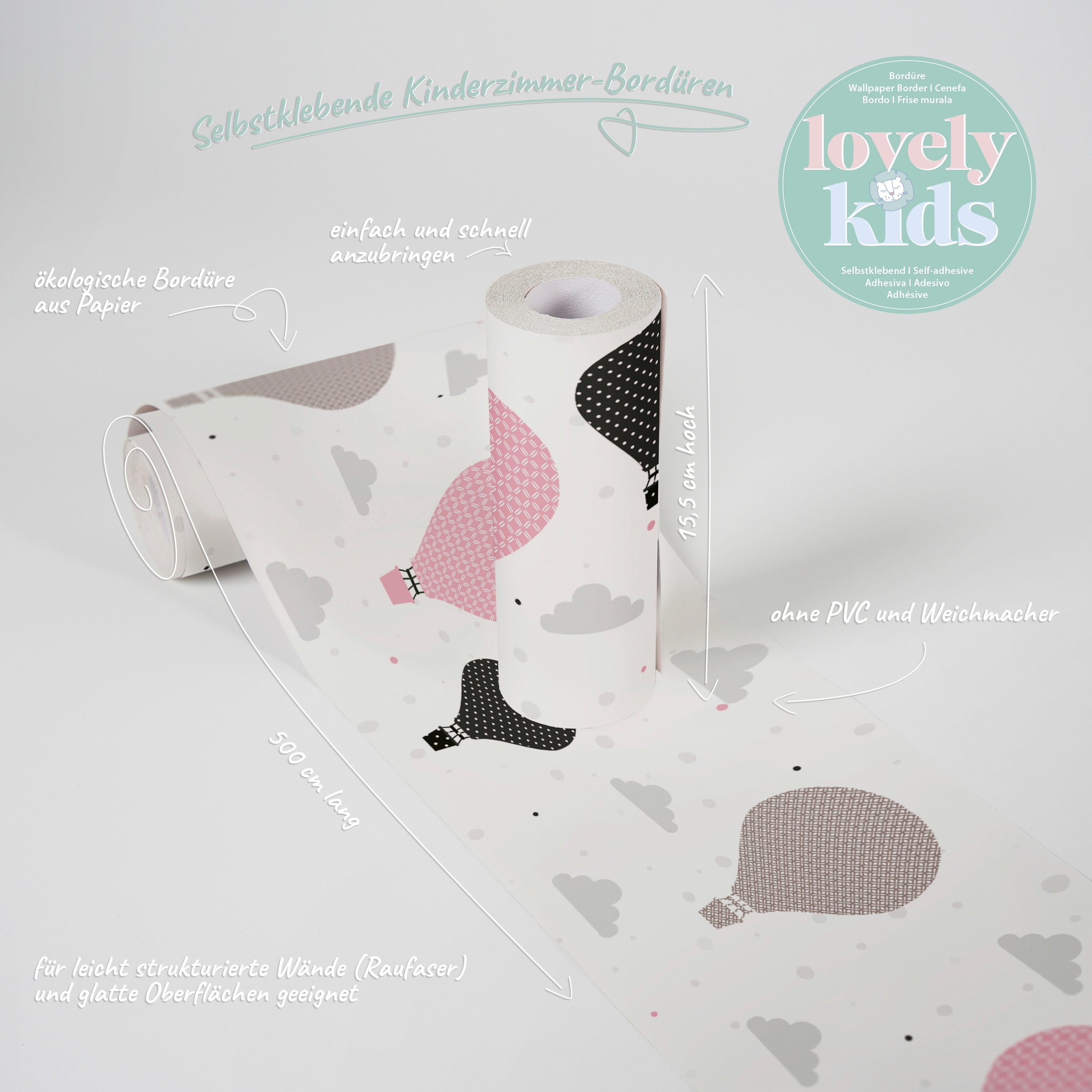 A.S. Création Bordüre »Cloud Balloons«, Motiv-abstrakt-naturalistisch, Heißluftballon Bordüre Tapete Kinder Borte modern Design Kinderzimmer
