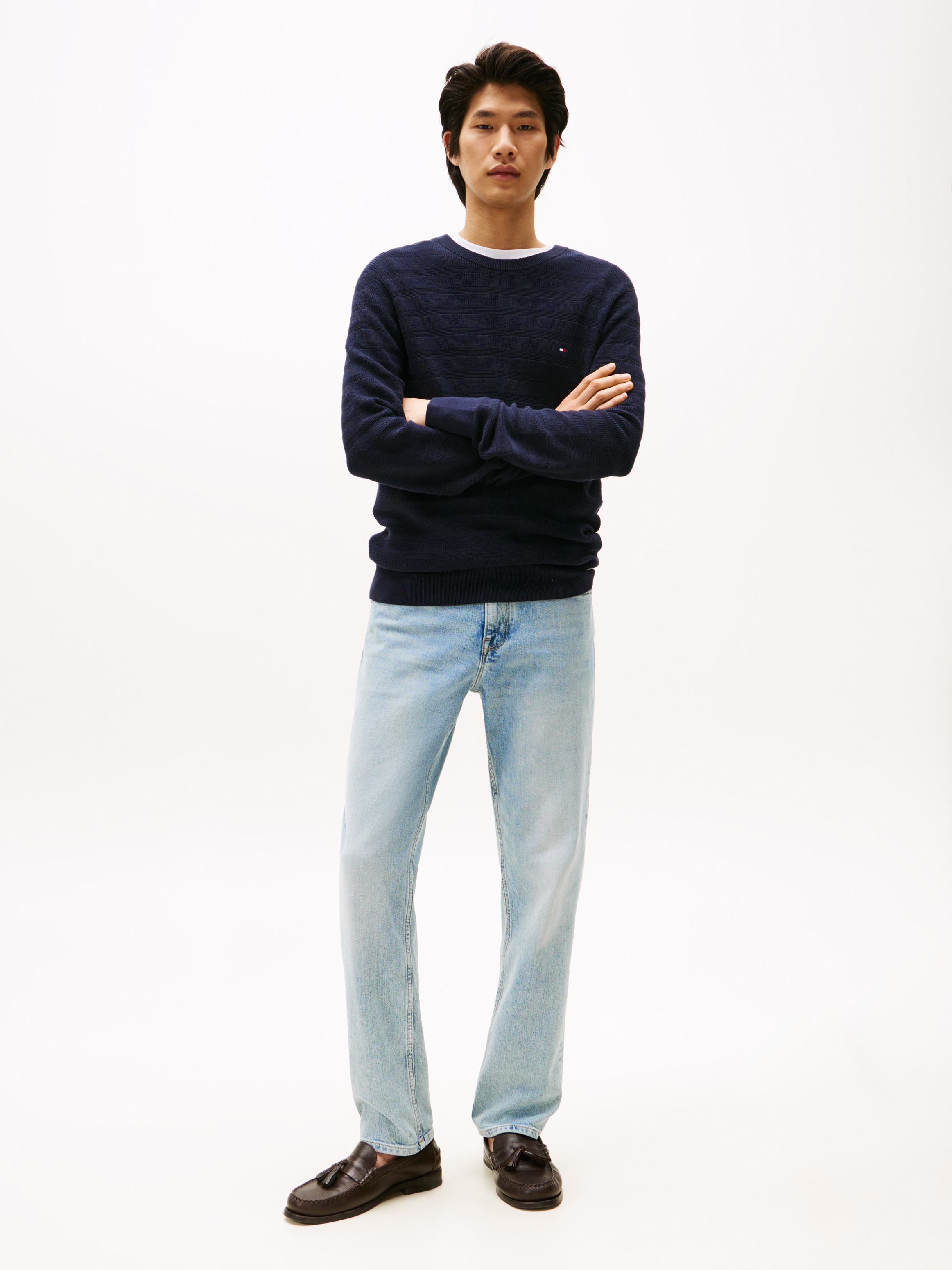 Tommy Hilfiger Rundhalspullover »STRIPE STRUCTURE«, regular fit, leicht überschnittene Schultern