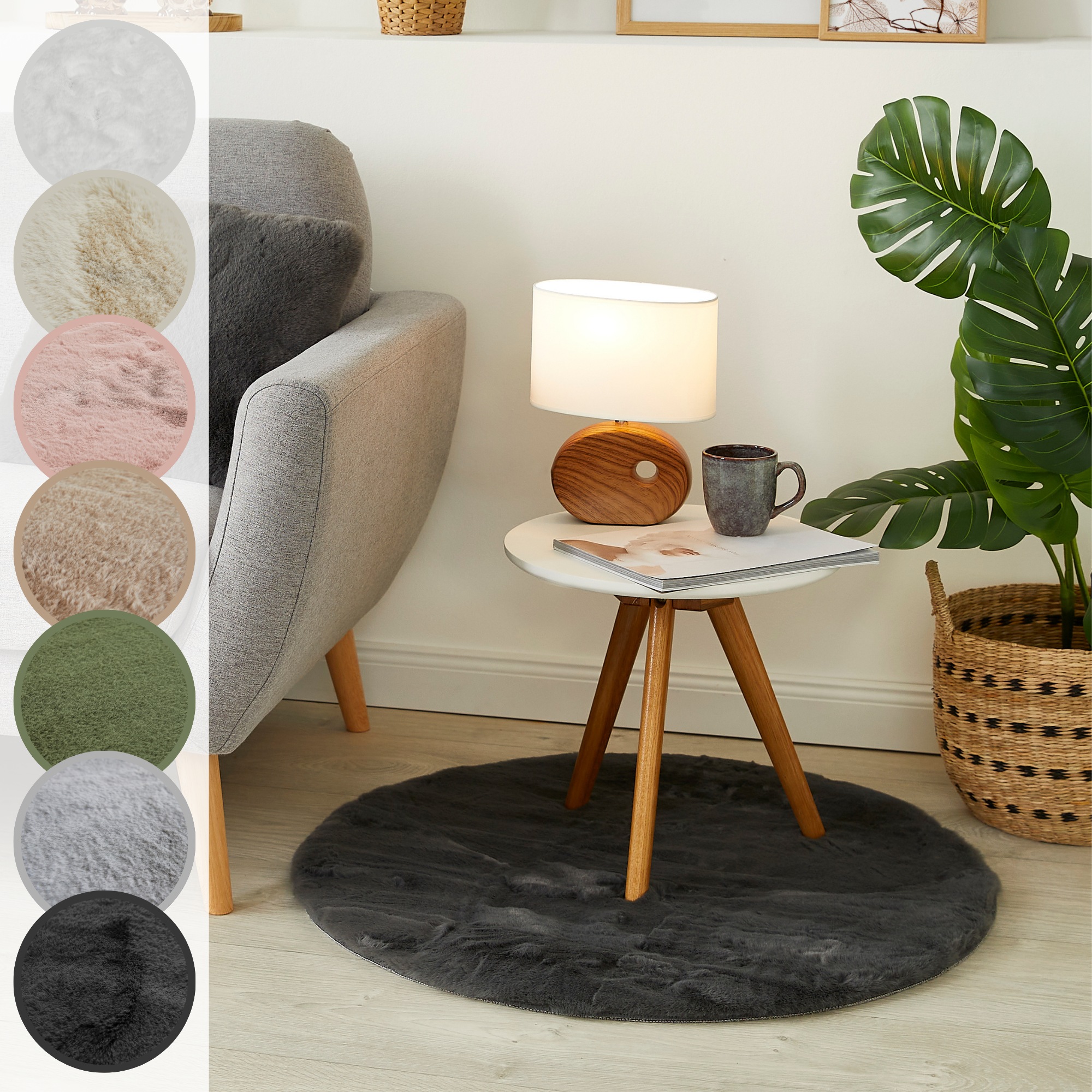 Fellteppich LUXOR LIVING "Novara", grau (grafit), H:30mm Ø:80cm, Kunstfaser, Teppiche, Fellteppich, Kunstfell, Kaninchenfell-Haptik, besonders weicher Hochflor