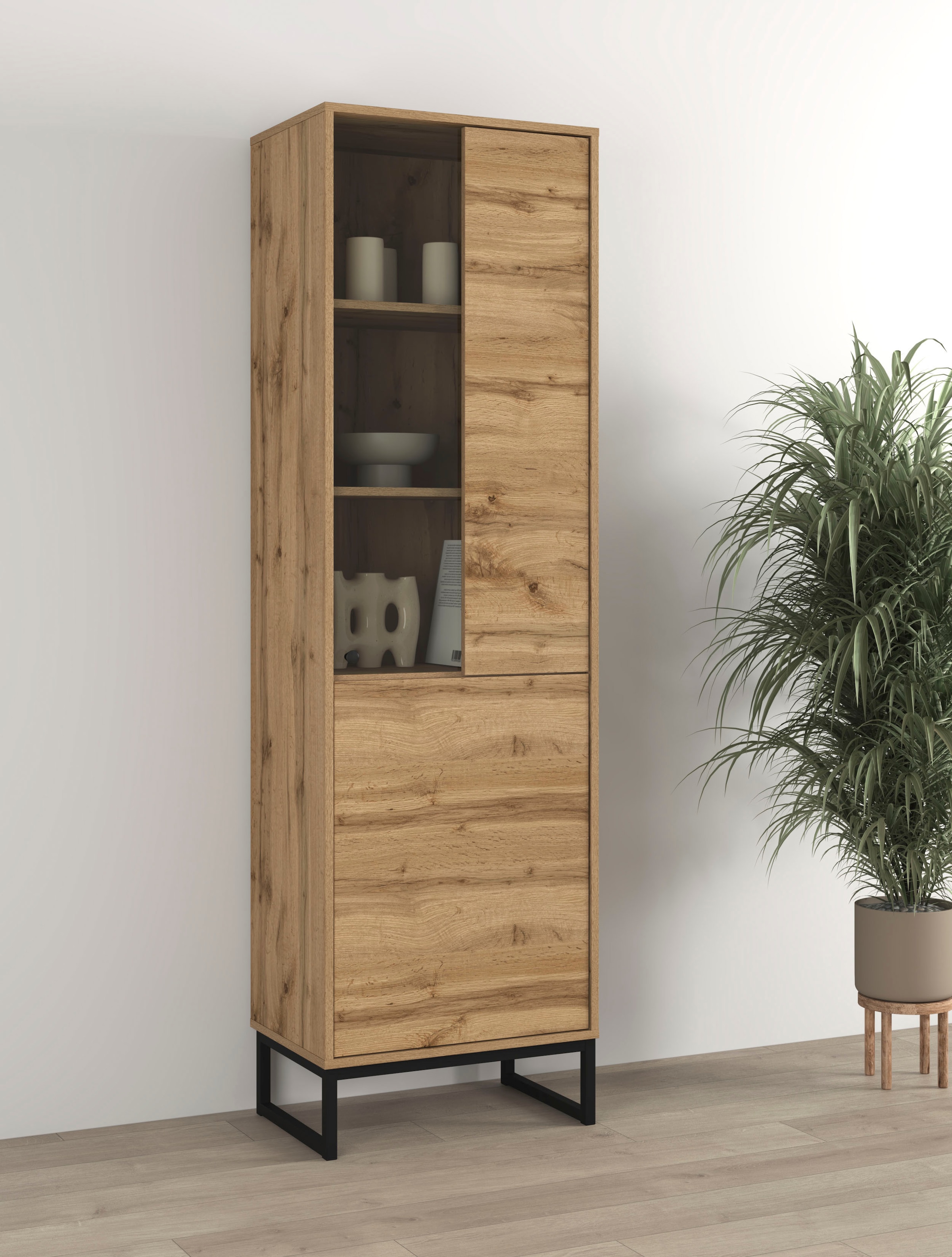 OTTO home Vitrine "Loft, Höhe 180 cm, moderne Standvitrine mit 2 Türen, Metallkufen" Hochschrank mit viel Stauraum, Glastür und verstellbaren Einlegeböden