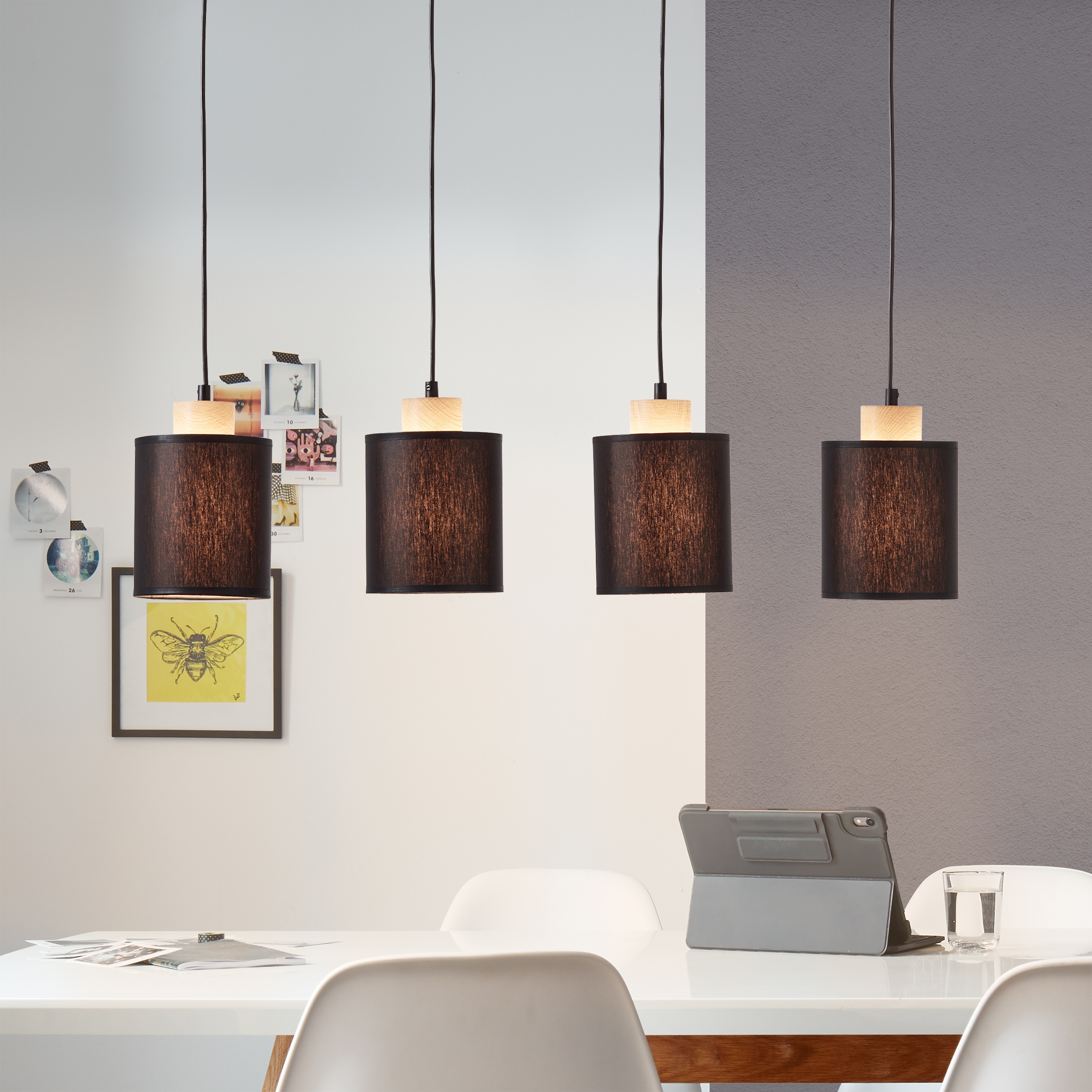 Brilliant Pendelleuchte »Vonnie«, 4 flammig, Leuchtmittel E27 | ohne Leuchtmittel, Stoffschirme, 111cm Höhe, 80 cm Breite, 4 x E27, kürzbar, schwarz/holz