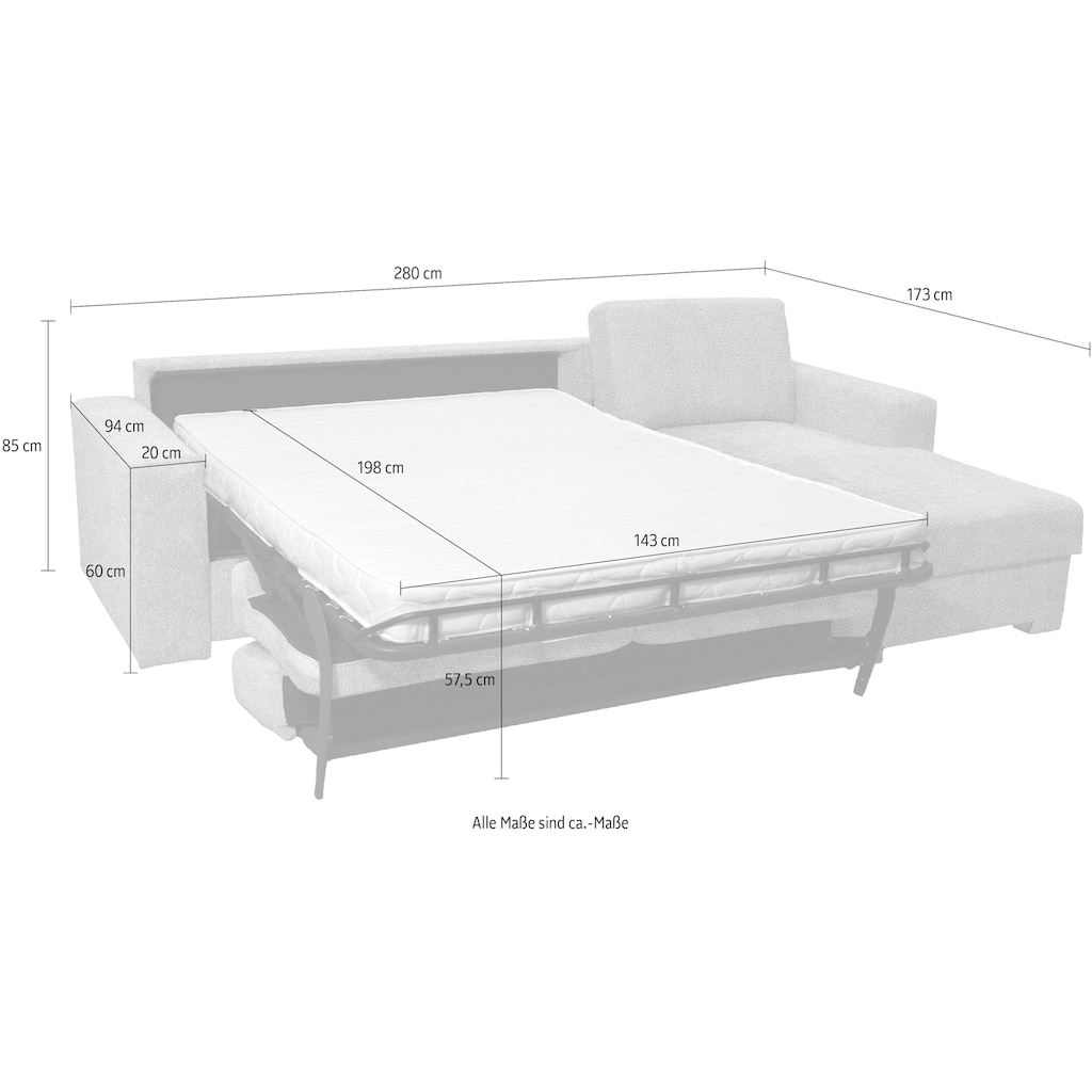 Home affaire Ecksofa »Roma "M" Matratzenhöhe 14 cm, Dauerschlaffunktion, mit Unterfederung,«