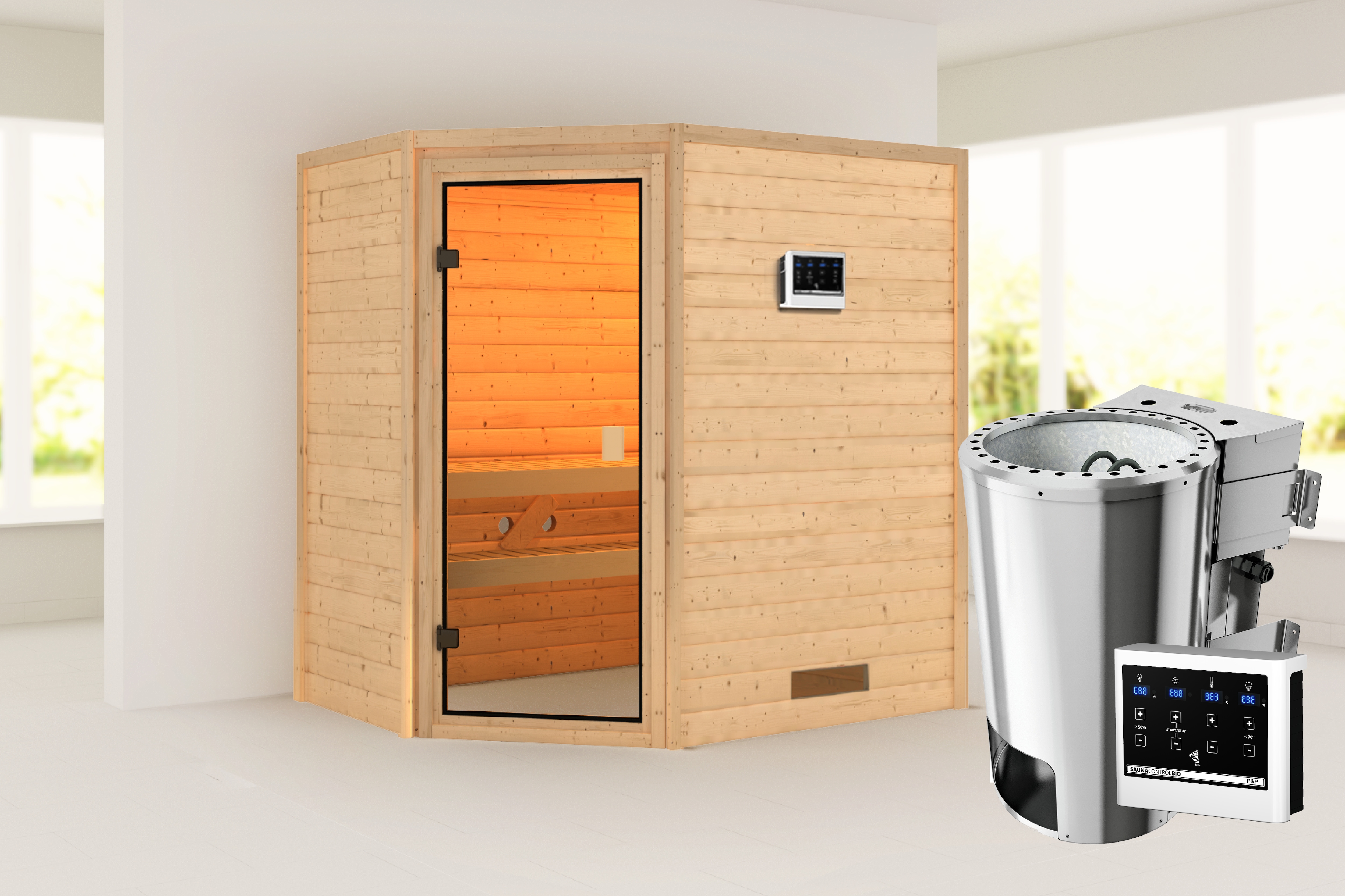KARIBU Sauna ""Juli" mit bronzierter Tür, naturbelassen", Bio-Kombiofen, externe Steuerung, 230 kW, beige, Saunen, aus hochwertiger nordischer Fichte