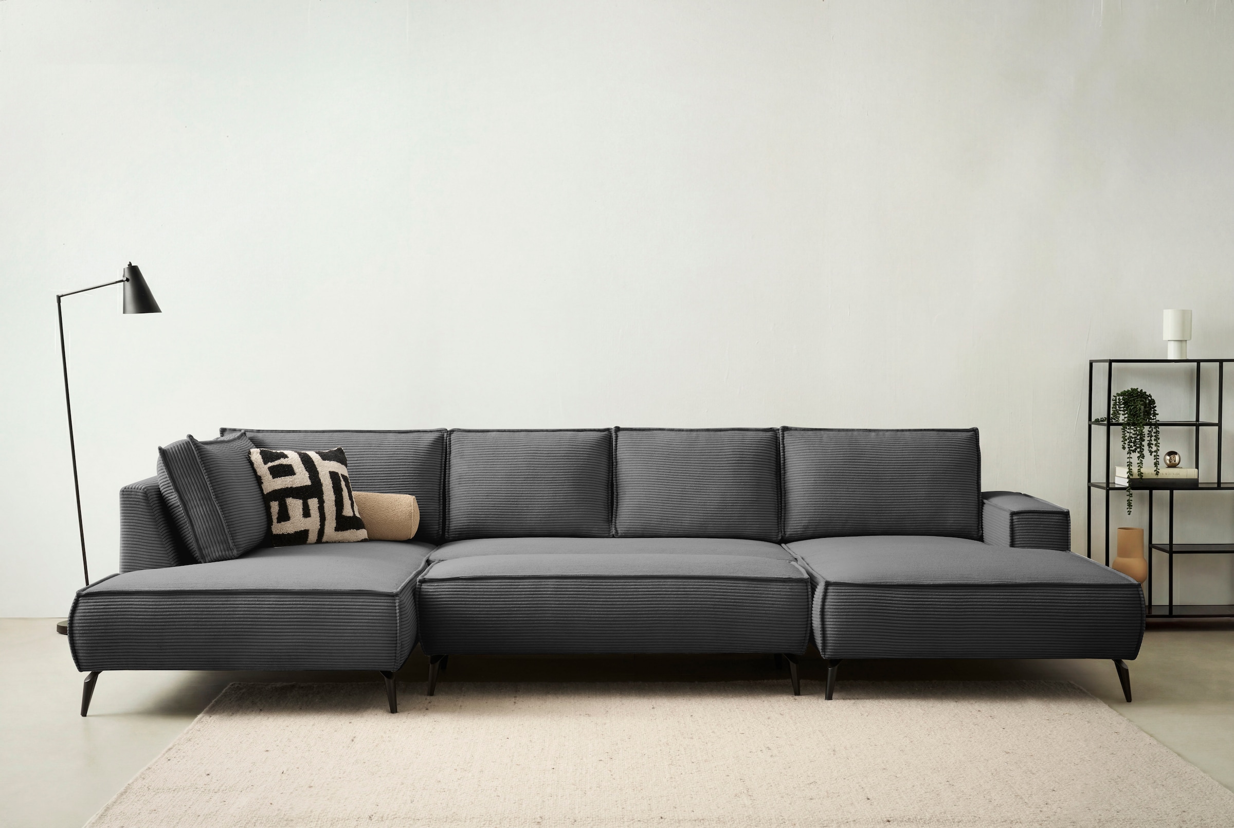 Home affaire Wohnlandschaft »Tvinnu, moderne U-Form, Couch in Cord oder Webstoff in Leinenoptik« Recamiere rechts/links, schwarze Metallfüße, bequeme Sitz-/Liegefläche