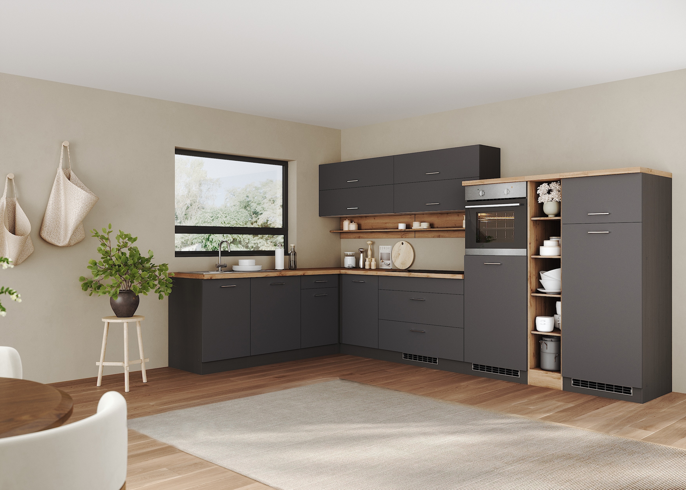 KOCHSTATION Winkelküche »KS-Milan, optional mit Muldenlüfter« Stellbr.360/220 cm, wahlweise mit E-Geräten, Kochfeld mit Dunstabzug