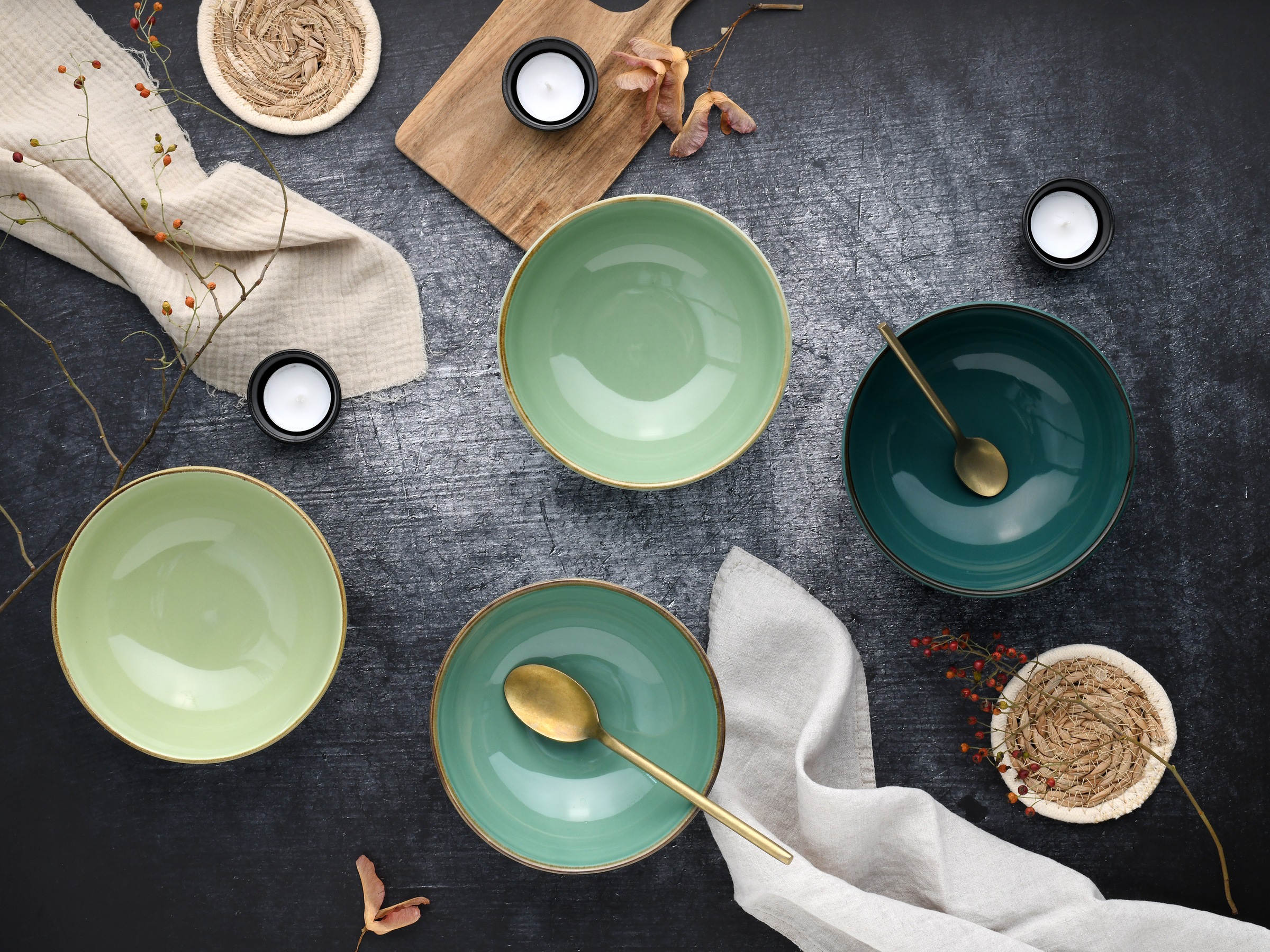 CreaTable Schale »Nature Collection, Smoothie Bowl 4-tlg«, 4 tlg., aus Steinzeug, Handwerklicher Look, Vintage