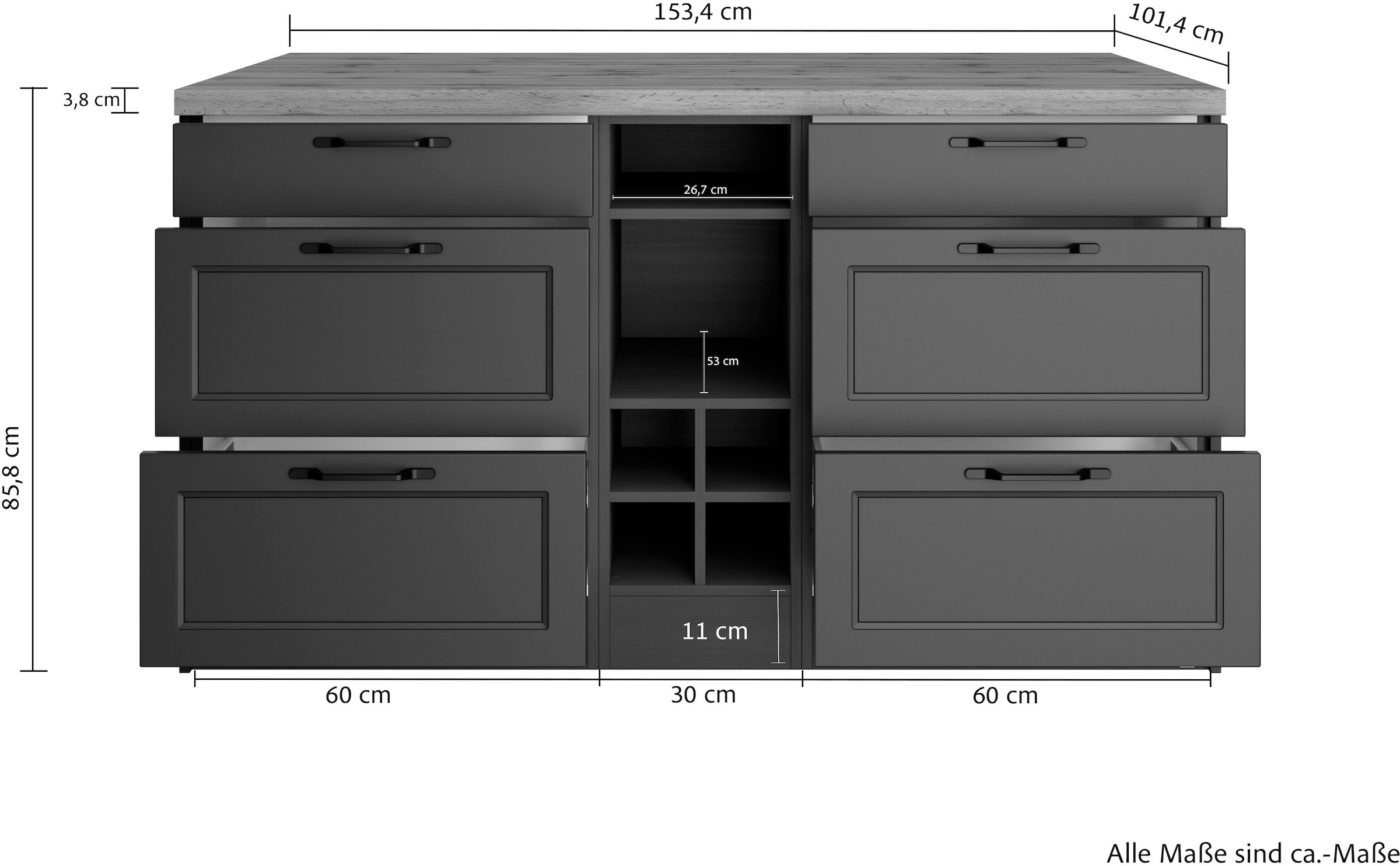 KOCHSTATION Kücheninsel »KS-Lana, Breite 153 cm«, MDF-Fronten, Arbeitsplatte 38mm stark