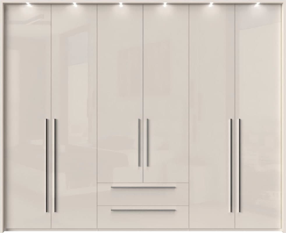 OTTO home Drehtürenschrank "Piano, inklusive Rahmen und Beleuchtung, soft-close-Funktion" viele Breiten zur Auswahl, 226cm hoch, mit jeweils 2 Schubladen, beige oder weiß, UV lackiert, Hochglanzfronten, FSC-zertifiziert