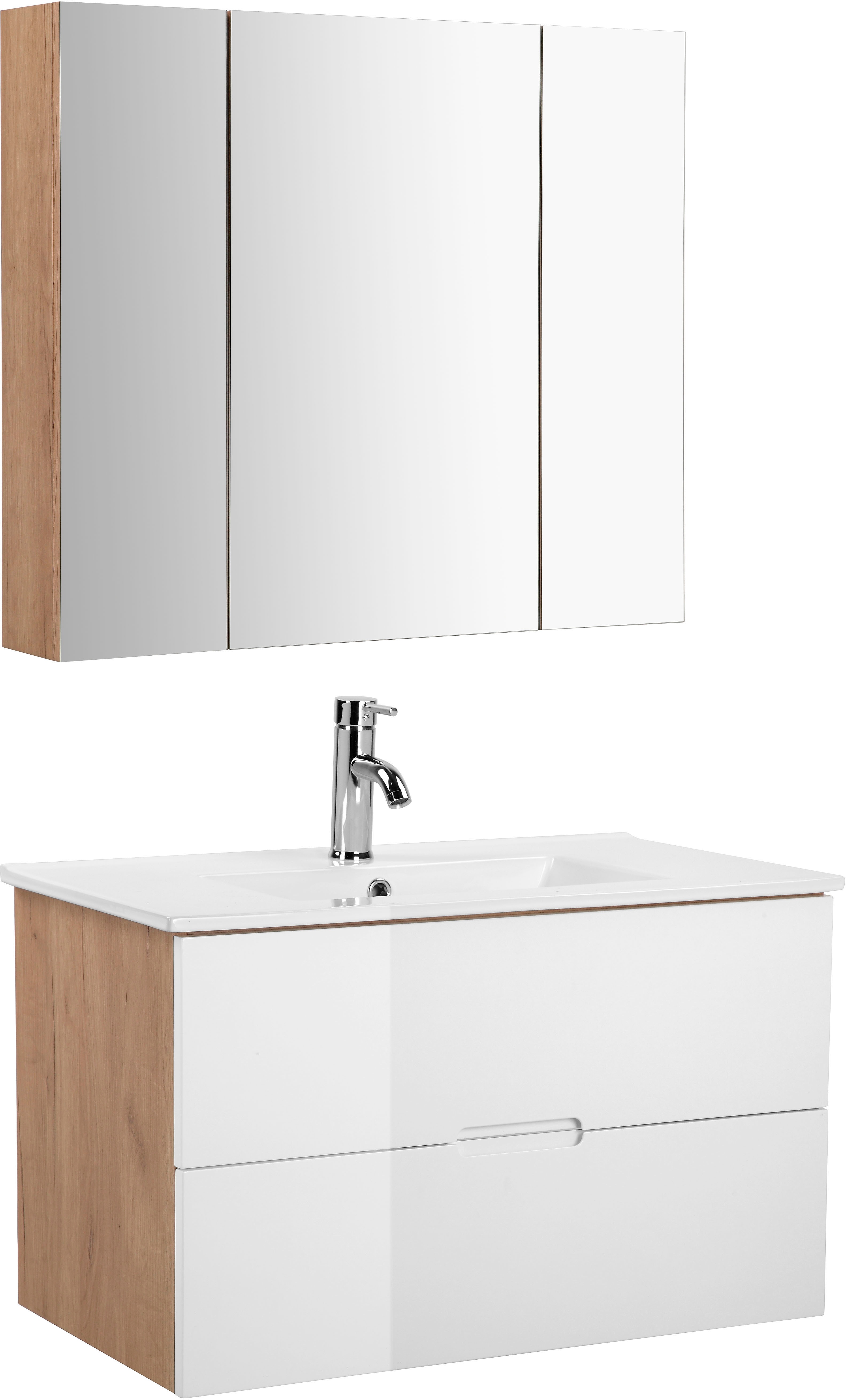 Thumbnail - welltime Badmöbel-Set "Lund Badmöbel Set Badschrank Badezimmerset", (Komplett-Set, 3 St.), Waschtisch, Spiegelschrank un...