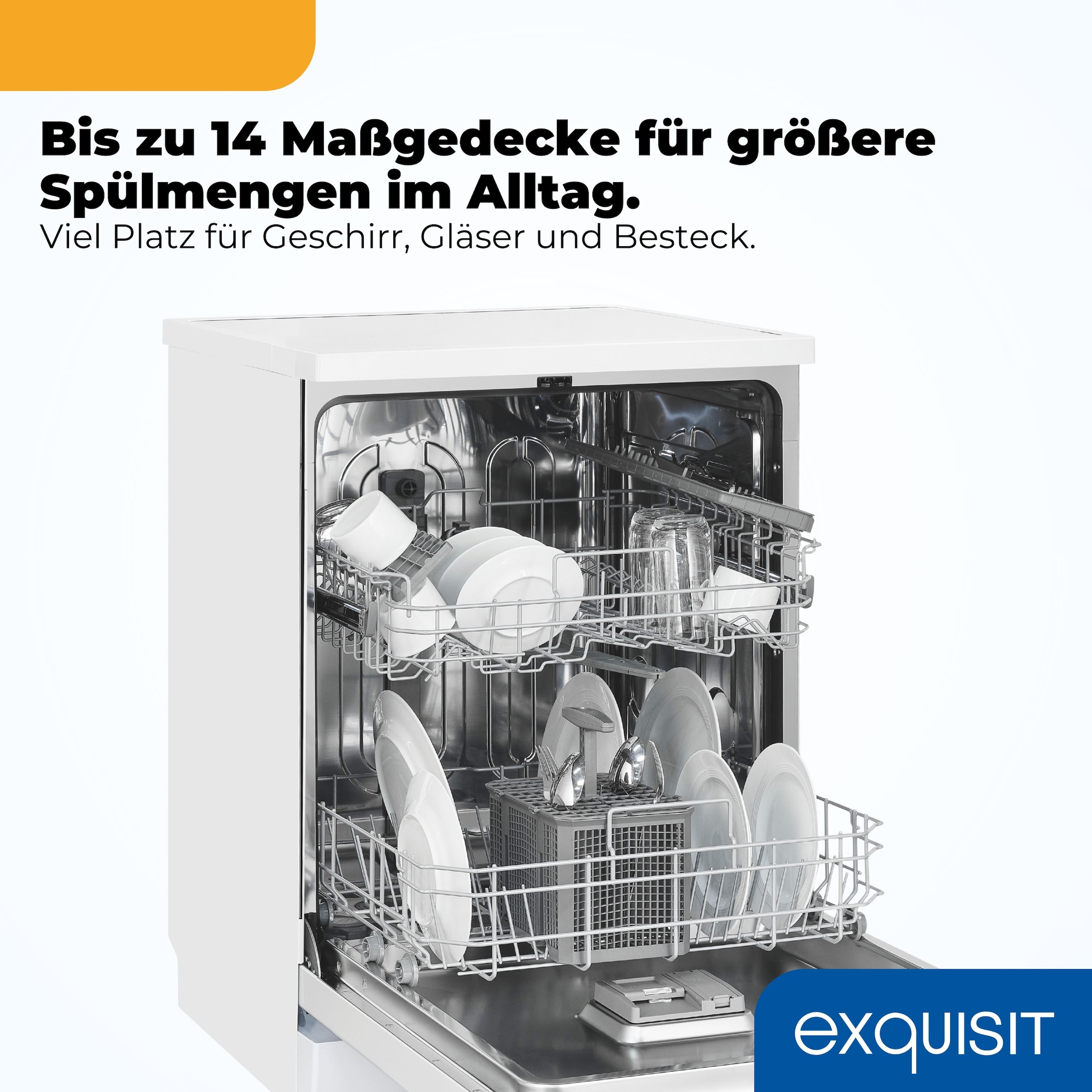 exquisit Standgeschirrspüler 9114 »GSP9114-451D weiss« 11,9 l 14 tlg. Maßgedecke 14 Maßgedecke & flüsterleise 49 dB – stark und angenehm ruhig