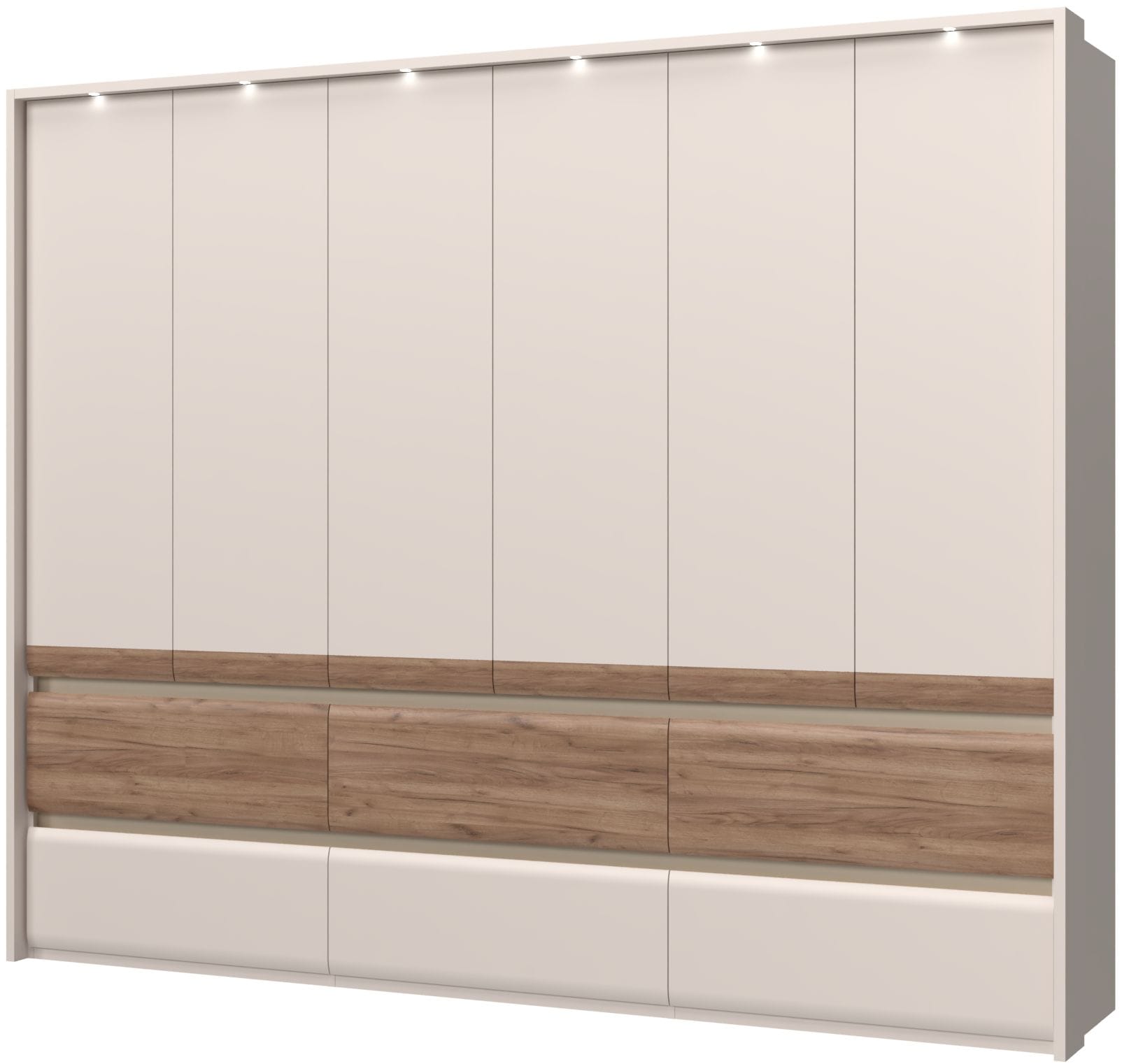 Places of Style Kleiderschrank »Invictus, UV lackiert, kratzfest, FSC-zertifiziert, grifflose Optik«, (abgerundete Schubladen aus MDF im Holzdekor, soft-close), mit Beleuchtung und Passpartourahmen, hoher Schrank (226cm), 6 Breiten