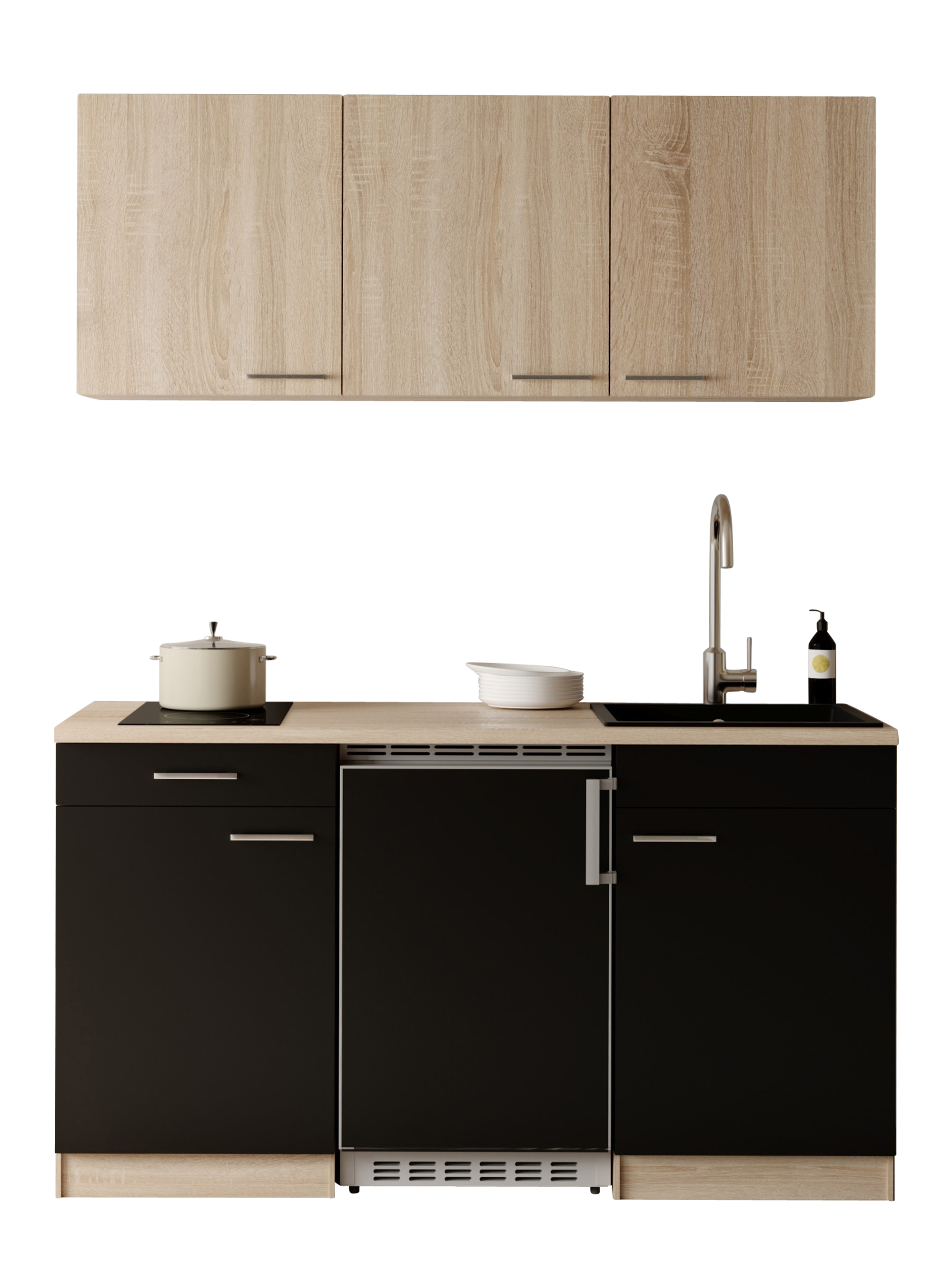 Pantryküche RESPEKTA, B:150cm H:200cm T:60cm, schwarz, Komplettküchen-Sets, "Ingrid", zerlegt, wahlweise mit Kühlschrank, Soft-Close-Funktion, Breite