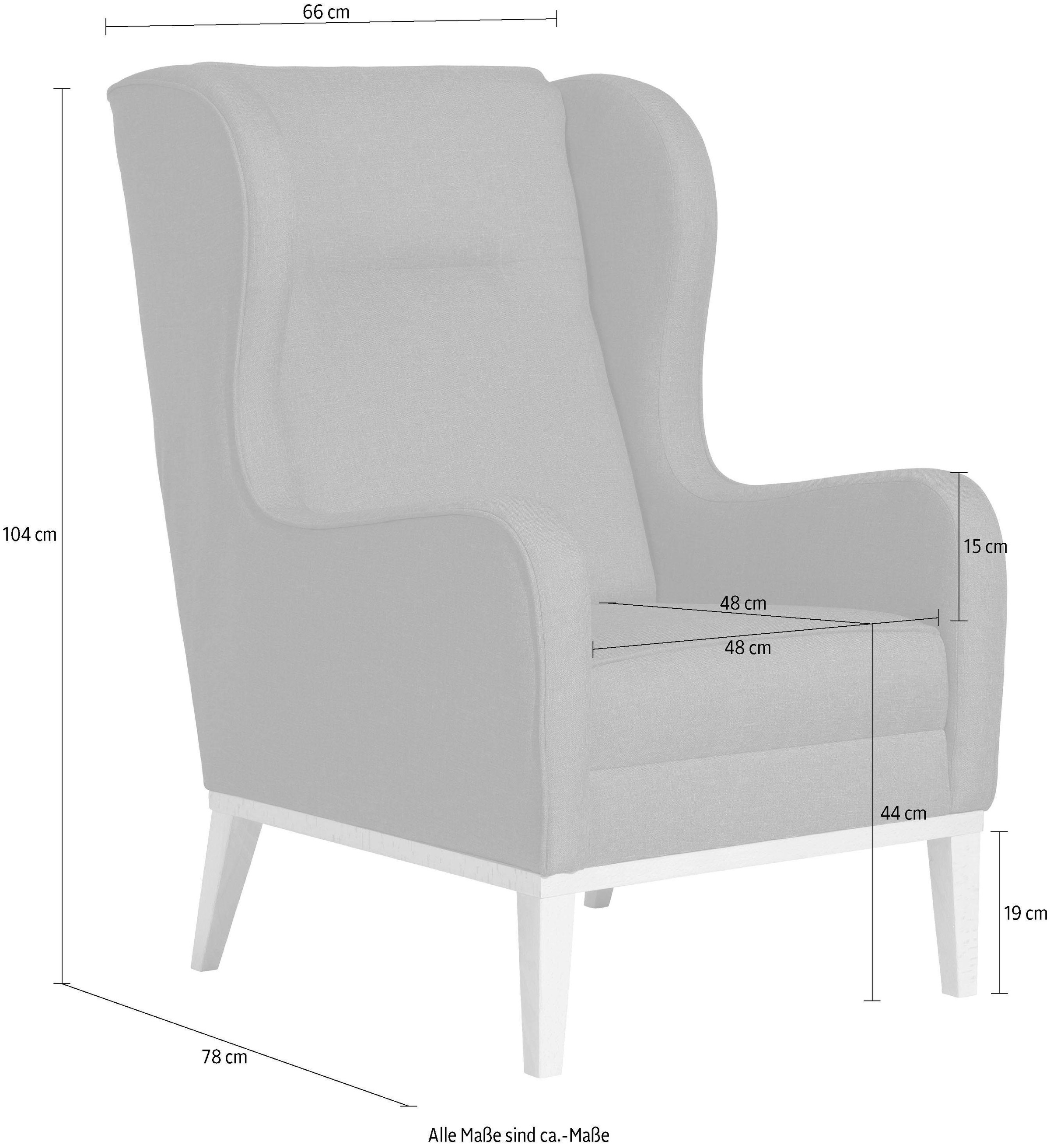 Max Winzer® Ohrensessel »Anthony eleganter Hochlehner, Designsessel, bequem und komfortabel«, mit umlaufendem Holzsockel & Kedernaht, Solitärmöbel mit hohem Holzfuß