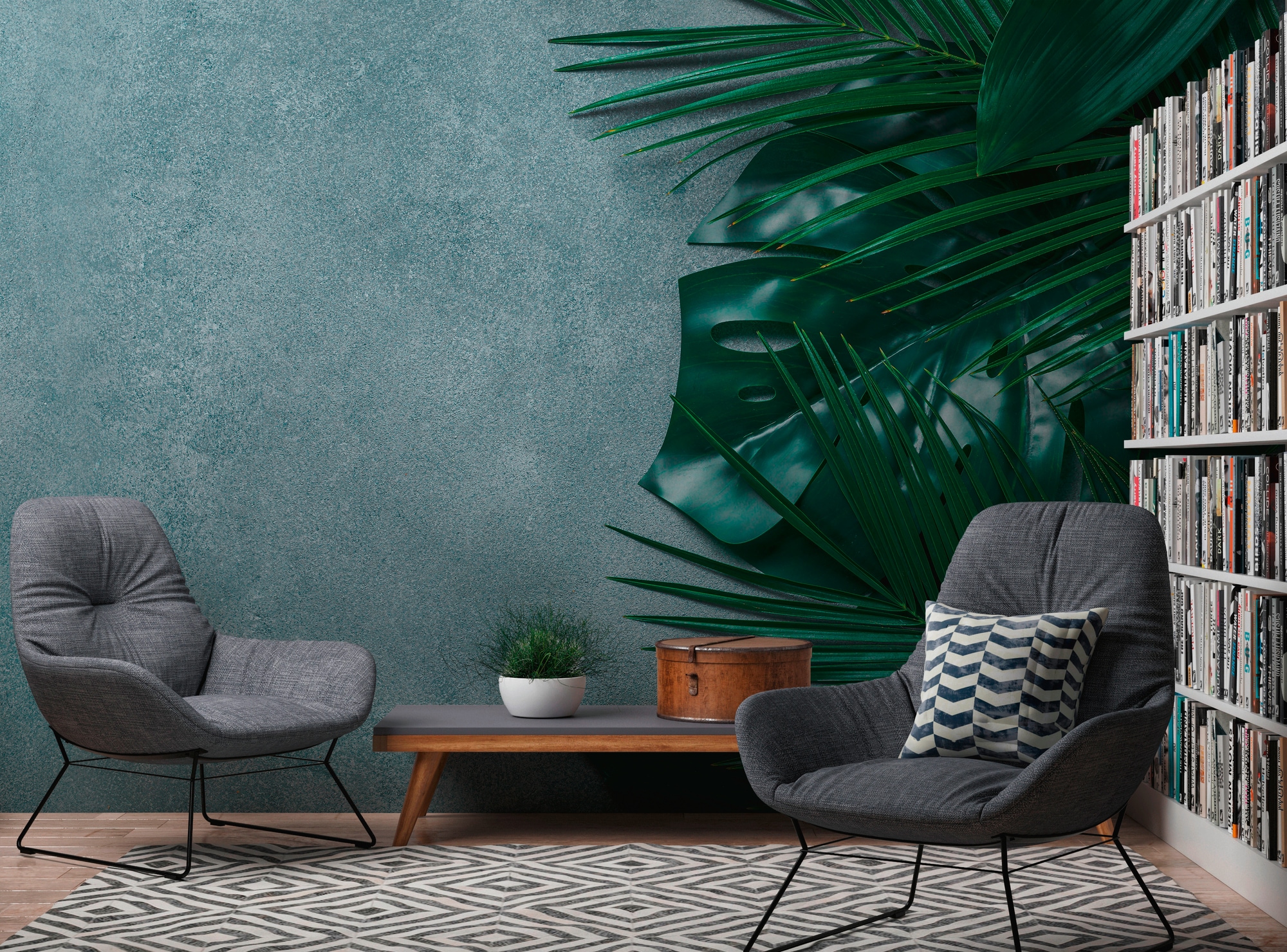 A.S. CRÉATION Vliestapete "Tropenfototapete mit Palmenblättern Grün Grau", B/L: 2,55mm x 3,5mm, Rollen:grau, Wohnzimmer, Tapeten