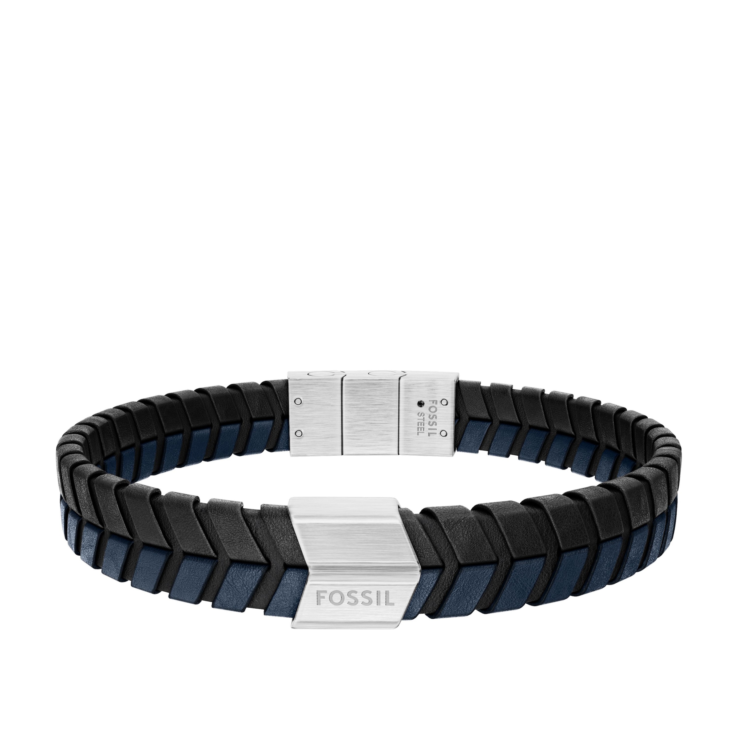 FOSSIL Damen Armband "Schmuck Geschenk Edelstahl Leder Armschmuck Armkette Jewelry", 21,5cm, Edelstahl Leder, schwarz, Edelstahl, Leder, Armbänder