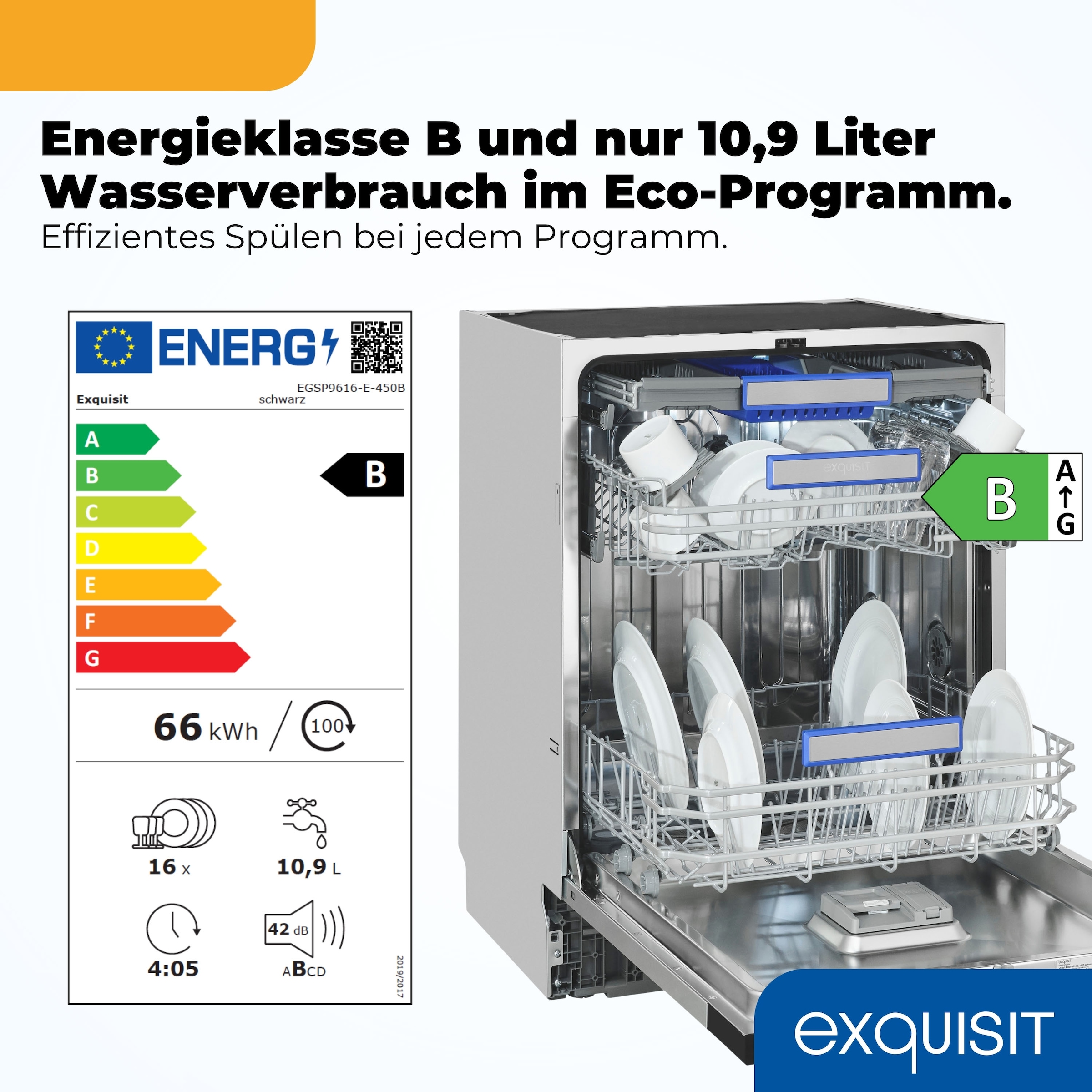 exquisit vollintegrierbarer Geschirrspüler 9616 »EGSP9616-E-450B schwarz« 10,9 l 16 tlg. Maßgedecke 16 Maßgedecke & flüsterleise 42 dB – stark und angenehm ruhig
