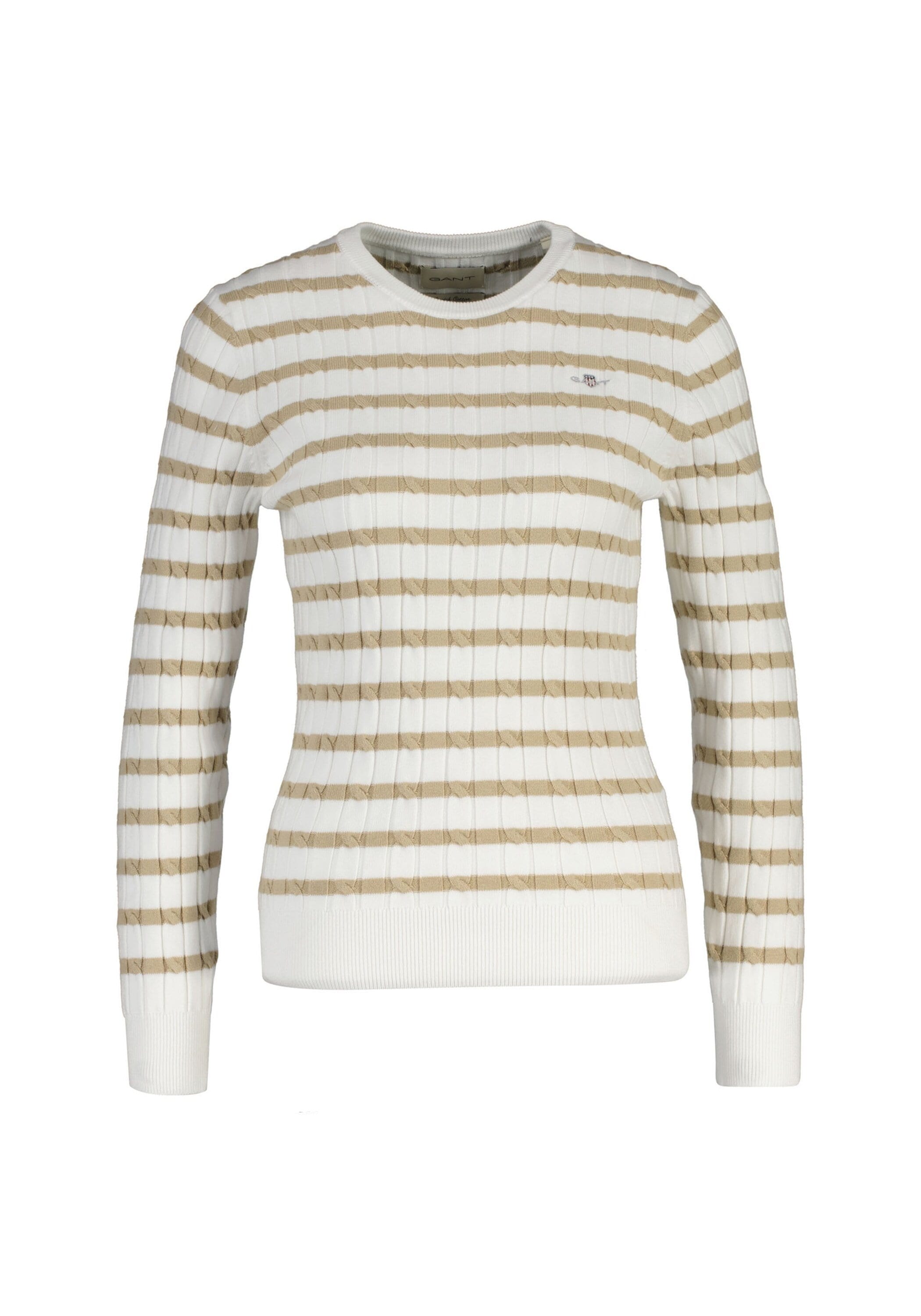 Sweater GANT "Strickpullover STRETCH COTTON CABLE STRIPE C-NECK", Damen, Gr. S, beige (weiß, beige), Obermaterial: 88% Baumwolle CO. 10% Polyamid PA. 2% Elasthan EL., Sweatshirts Sweater