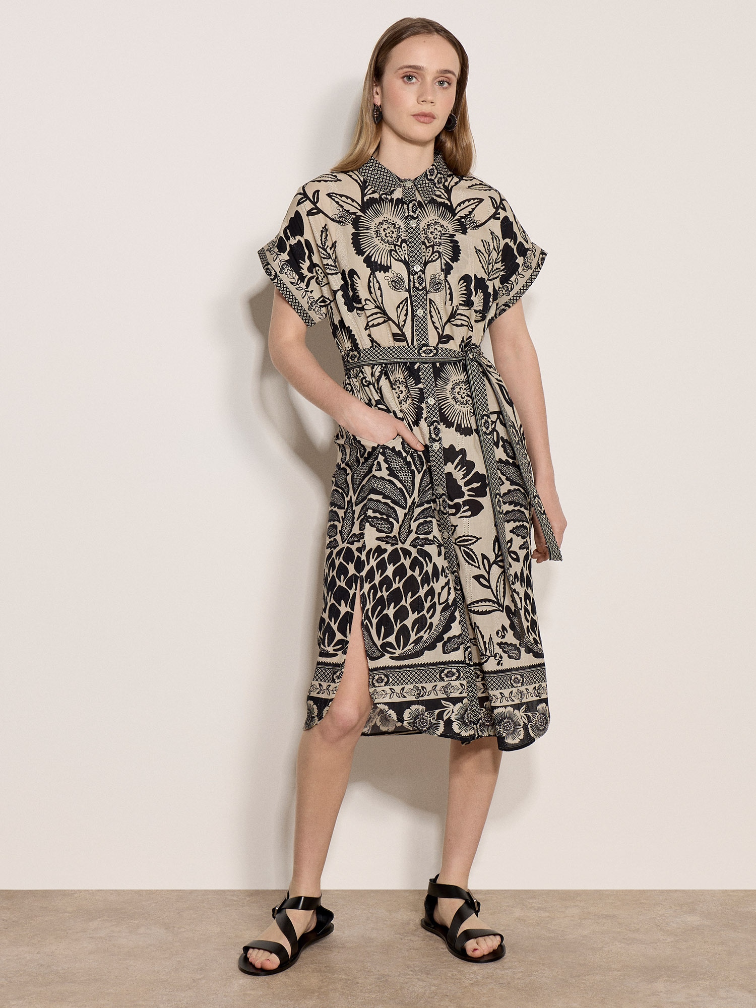 Apricot Midikleid "Midi-Kleid" mit Blumen- und Ananas-Print