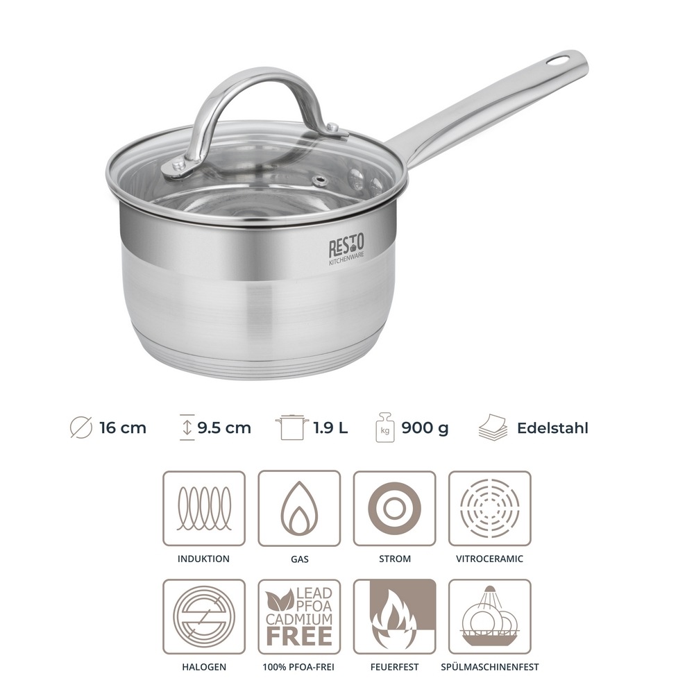 RESTO Kitchenware Kasserolle »Rigel, Soßentopf 1,9 l, energiesparend und spülmaschinenfest«, Edelstahl 18/10, (2 tlg.), mit hitzebeständigem Glasdeckel, im Geschenkkarton