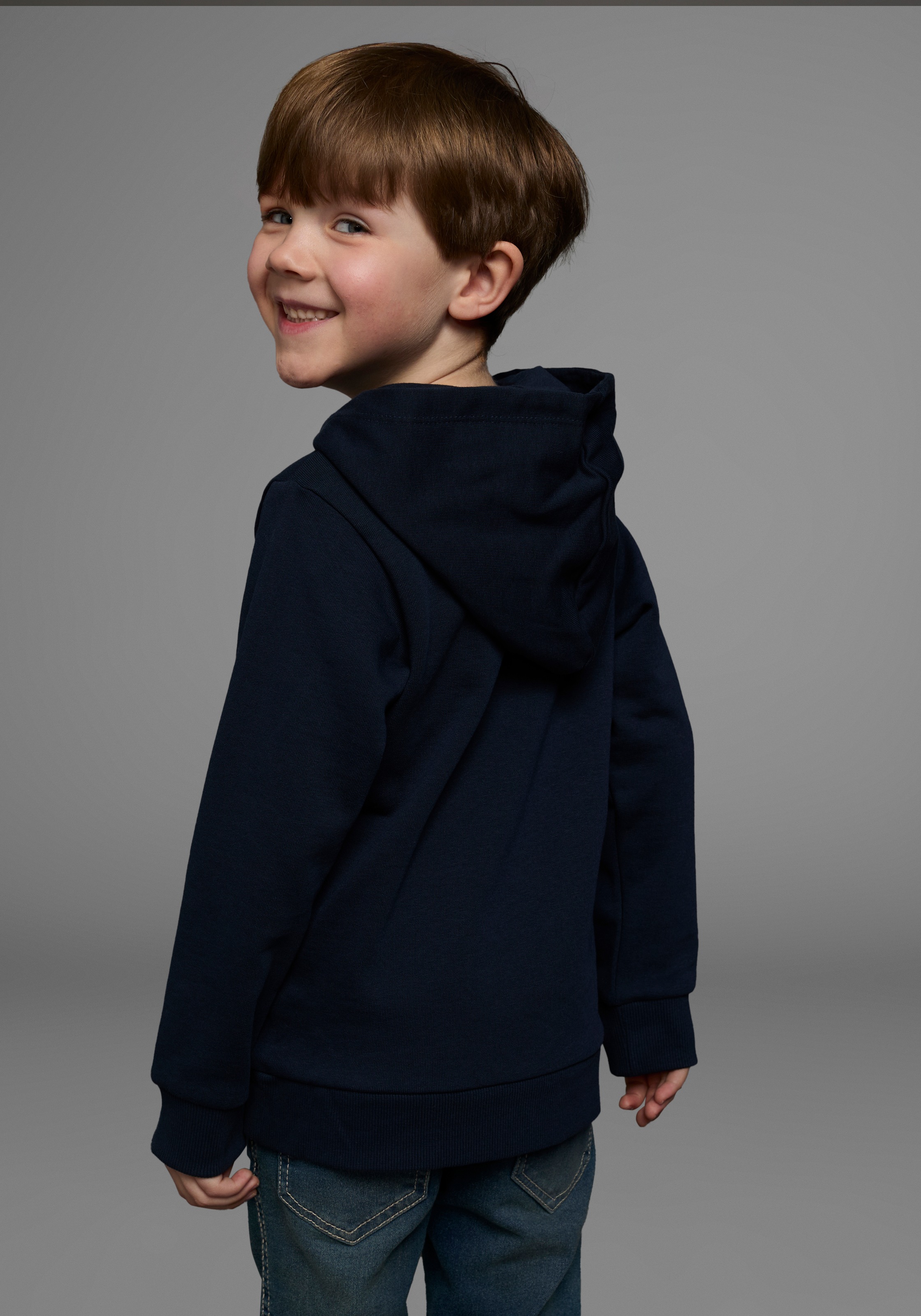 Thumbnail - KIDSWORLD Kapuzensweatshirt "Rakete - Wendepaillette", lange Ärmel, Basic-Passform, aus Baumwolle, mit Rippbündchen