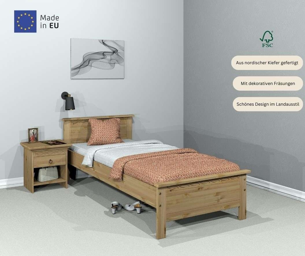 Home affaire Massivholzbett »Indra, TOPSELLER, Landhausstil, edles Design,zertifiziertes Massivholz«, (Breite/Belastbarkeit 180cm/220 KG, 140cm/180 KG, 90cm/120 KG), mit dekorativen Fräsungen, in 2 Breiten und Farben