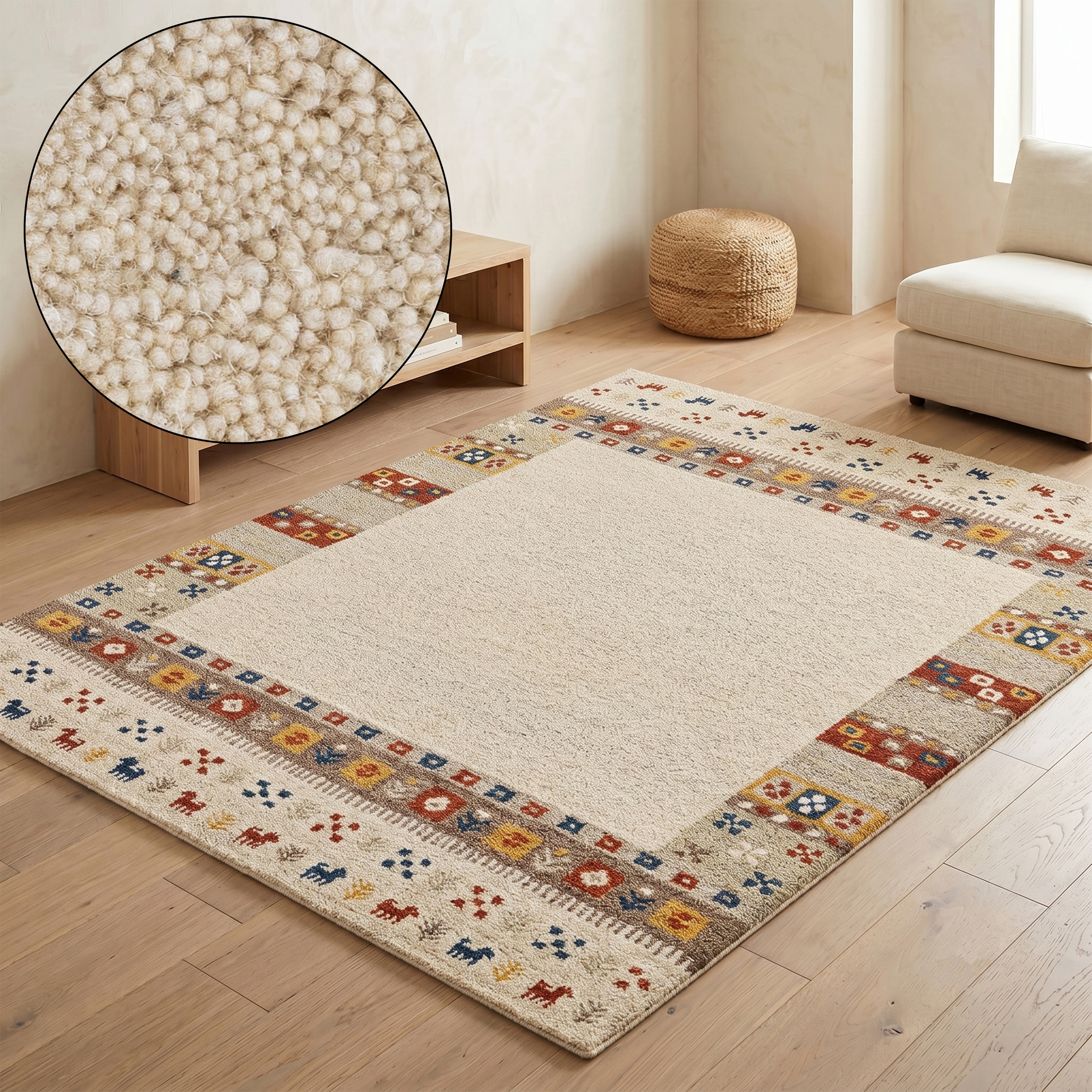 THEKO Wollteppich "Gabbeh Rahmen, reine Wolle, Handgefertigt, mit Bordüre" rechteckig 14 mm Höhe Tiermotiv, Wohnzimmer, Schlafzimmer, Esszimmer