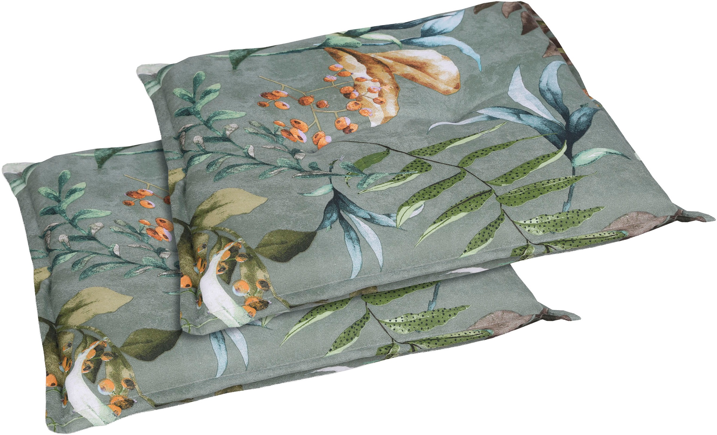 Hockerauflage GO-DE, B:50cm H:7cm T:50cmgrün, Baumwolle, Polyester, Polsterauflagen, Blätter / Beeren grün - Maße BxLxH ca.: 50 cm x 50 cm x 7 cm