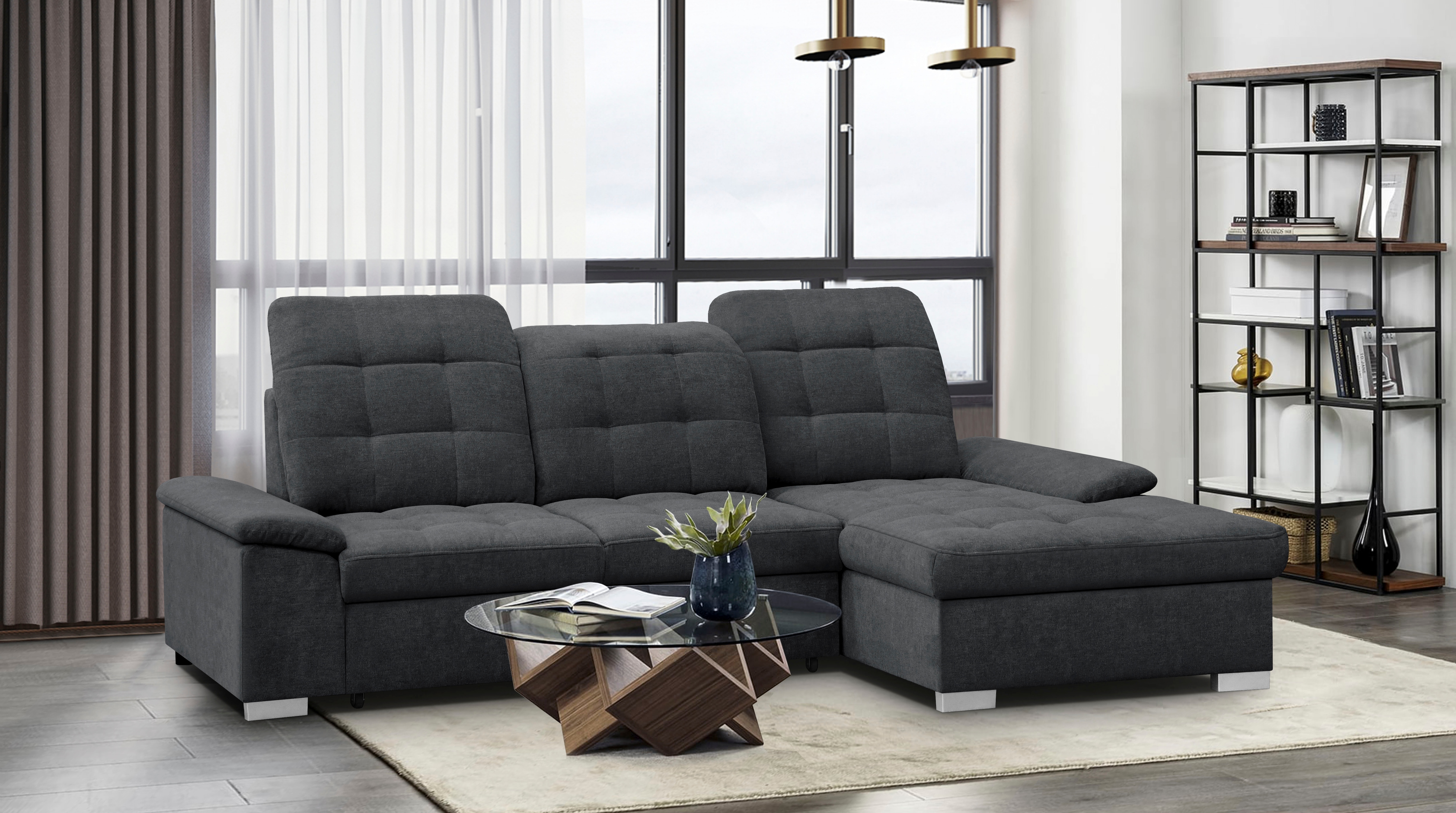 WERK2 Ecksofa "Carmen 264 cm breit L-Form Sofa Schlaffunktion Kopfstützen verstellbar" Schlafcouch mit Bettkasten, Eckcouch wahlw. mit Sitztiefenverstellung